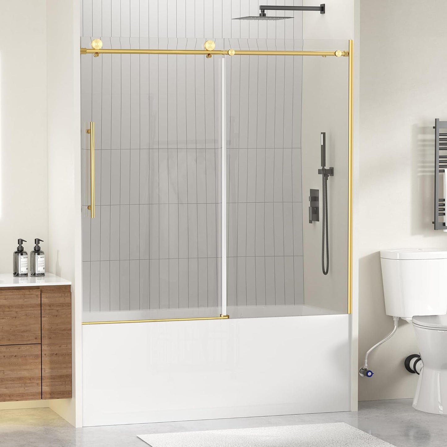 Frameless Bathtub Shower Doors 56-60" Width x 59" Height with 5/16" (8mm) Clear Tempered Glass,Silent Soft-Close Design,Brushed Nickel
