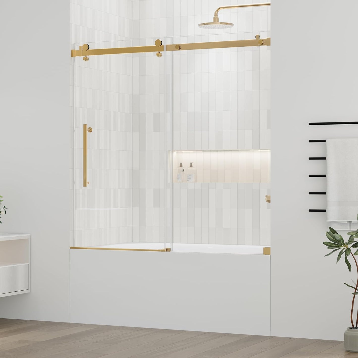 DELAVIN 56-59 in.W x 59 in.H Frameless Bathtub Door, Stainless Steel Tub Shower Door, Bathtub Shower Door with 5/16" (8mm) SGCC Certified Clear Tempered Glass, Black Shower Doors