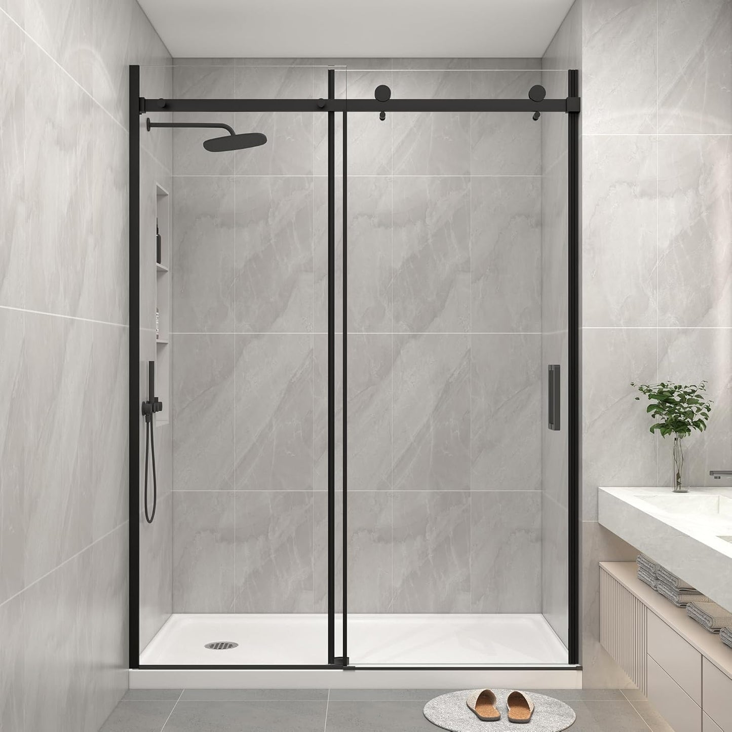 KPUY Bathtub Shower Door, 56-60" W x 58" H Sliding Shower Door for Bathtub, 1/4" (6mm) Thick Tempered Clear Glass with Explosion-Proof Film Nano Coating in Matte Black Finish