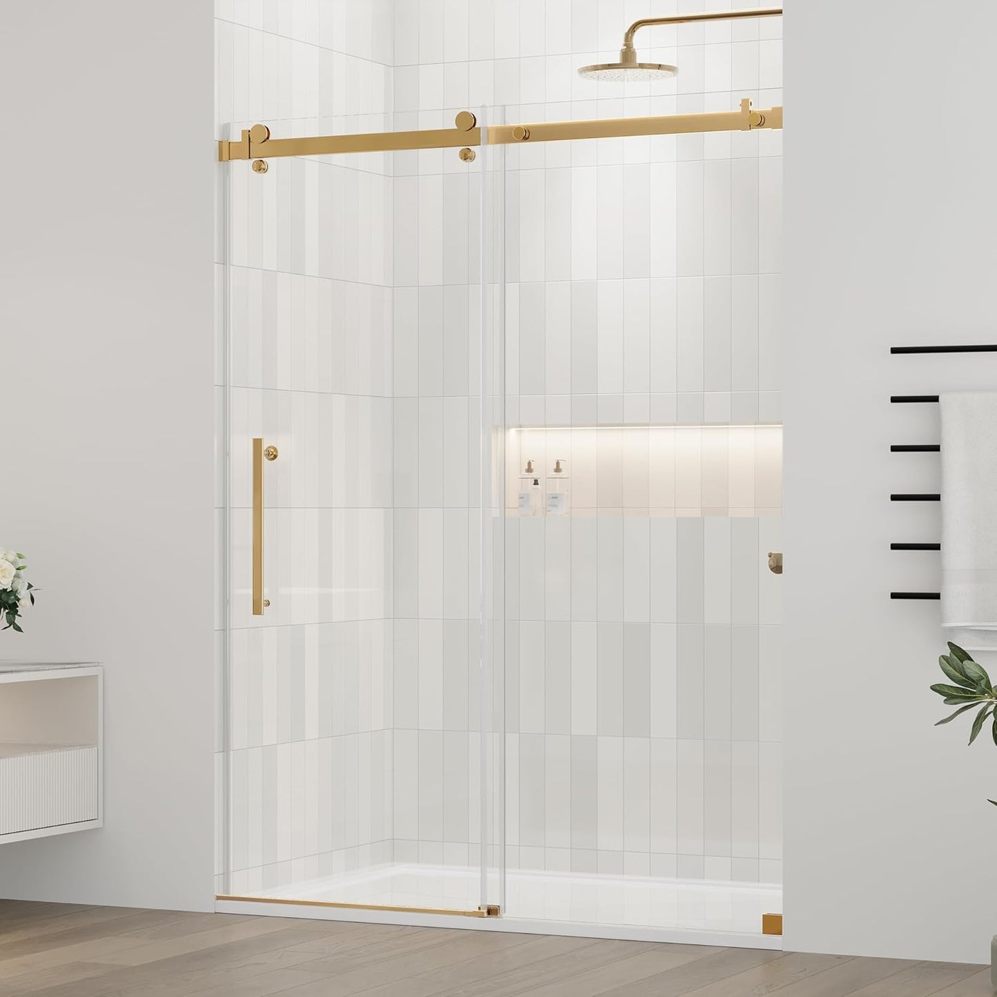 DELAVIN 56-59 in.W x 59 in.H Frameless Bathtub Door, Stainless Steel Tub Shower Door, Bathtub Shower Door with 5/16" (8mm) SGCC Certified Clear Tempered Glass, Black Shower Doors