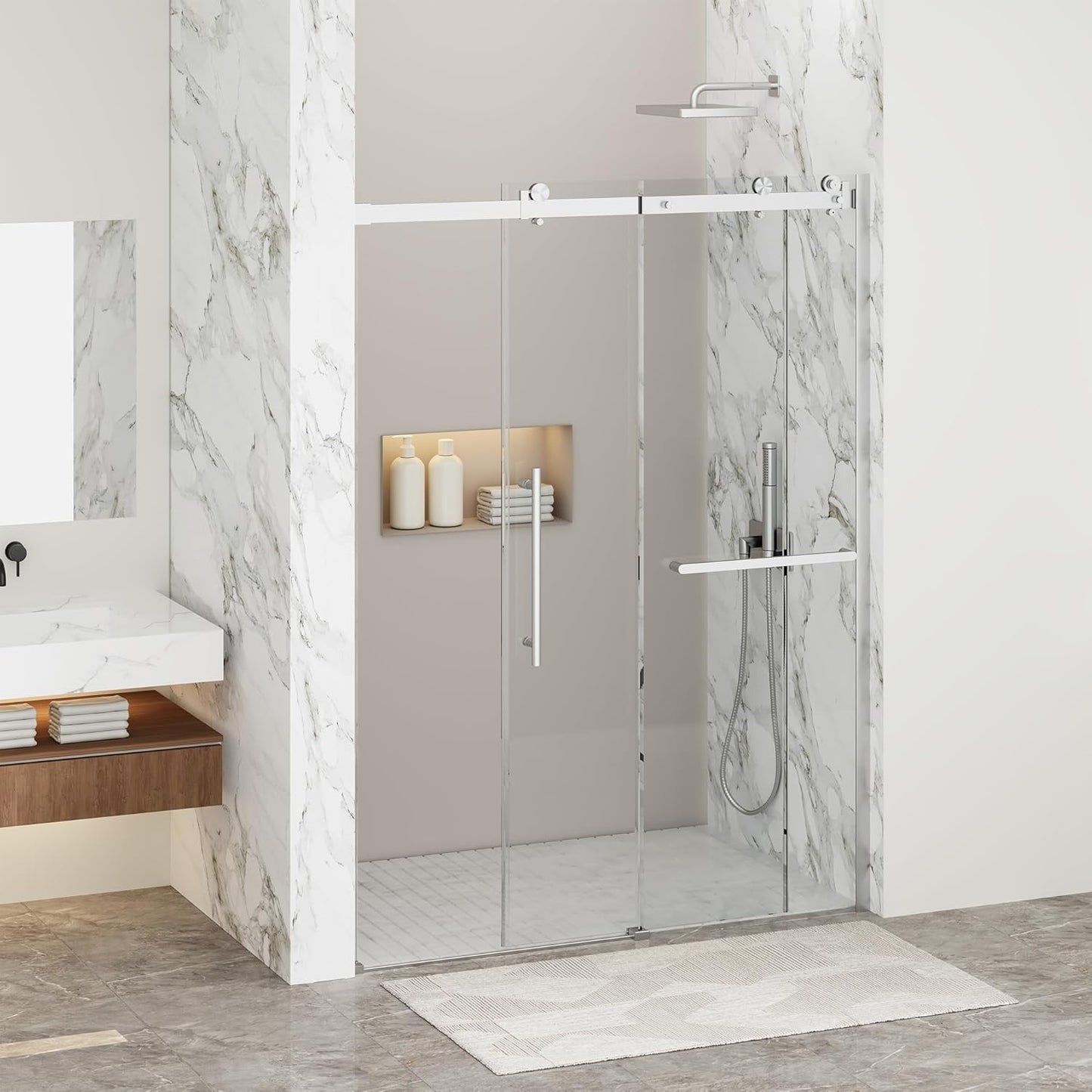 Frameless Bathtub Shower Doors 56-60" Width x 59" Height with 5/16" (8mm) Clear Tempered Glass,Silent Soft-Close Design,Brushed Nickel