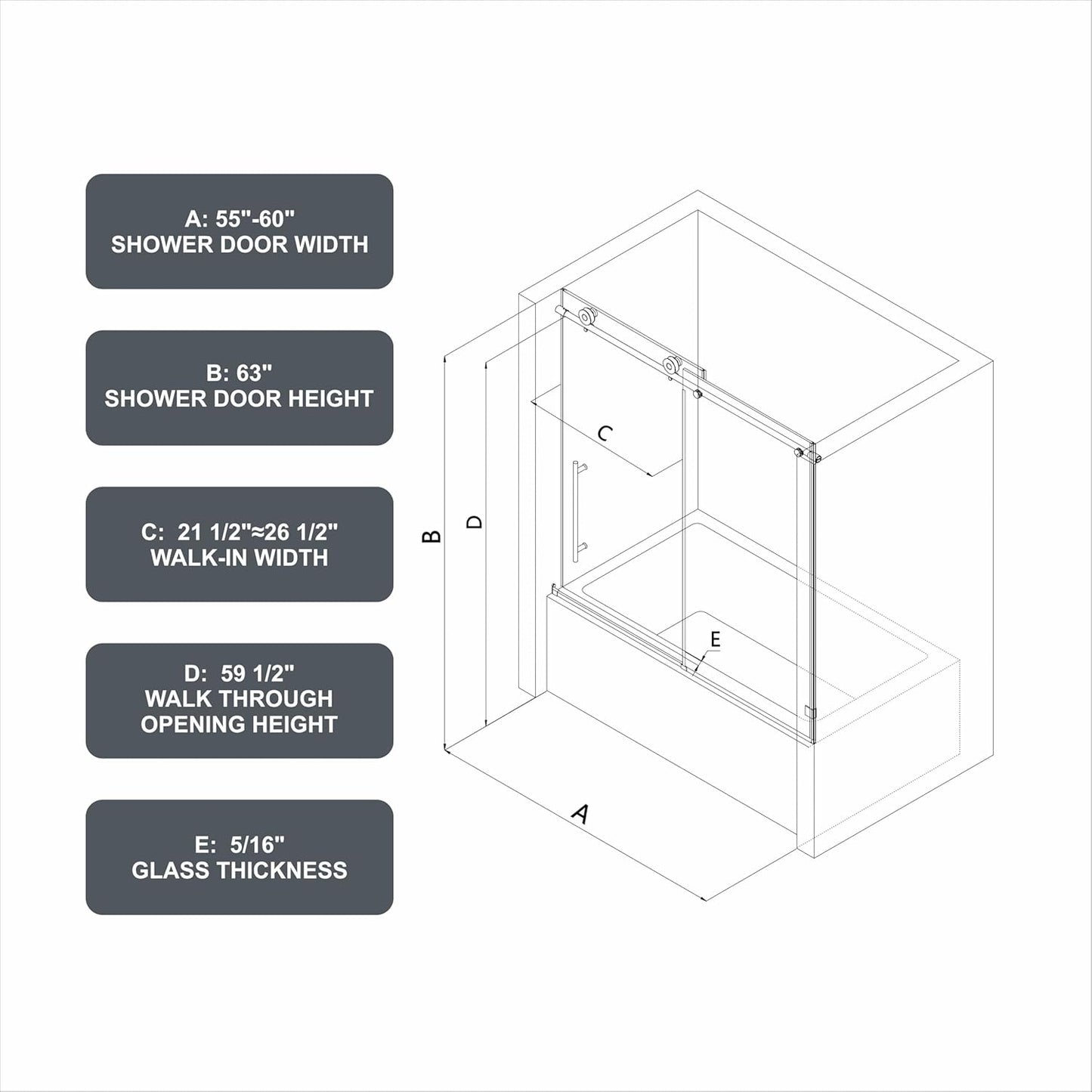 56"-60" W x 63" H Bathtub Soft Closing Sliding Shower Door,Water Repellent Frameless Tub Shower Door with 5/16" (8mm) Nano Explosion-Proof Film Transparent Glass (Matte Black 60" Wx63 H)