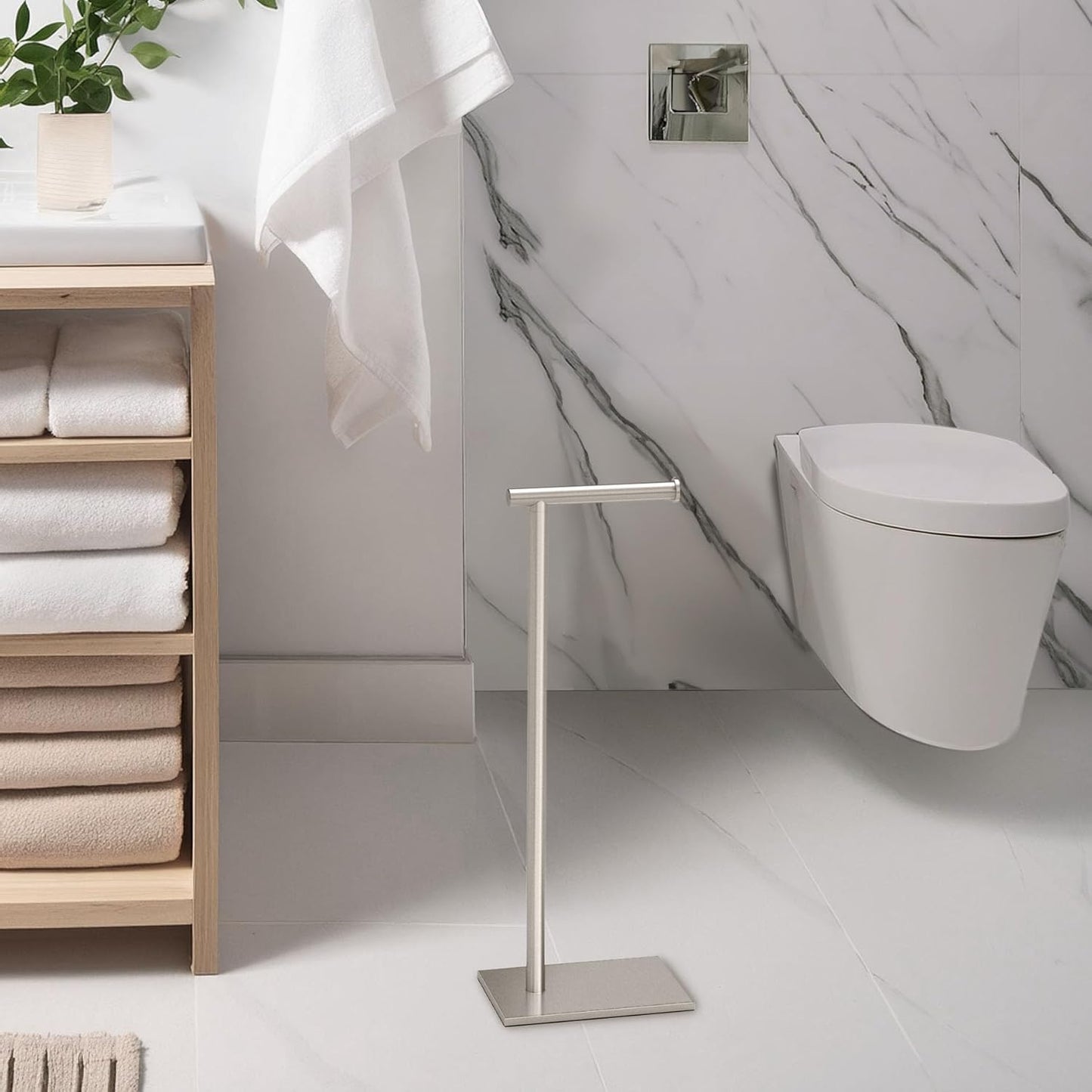Gatco 1431SN, Modern Rectangle Base Freestanding Toilet Paper Holder, 22.25”, Satin Nickel/Free Standing Toilet Tissue Holder Stand with Weighted Base