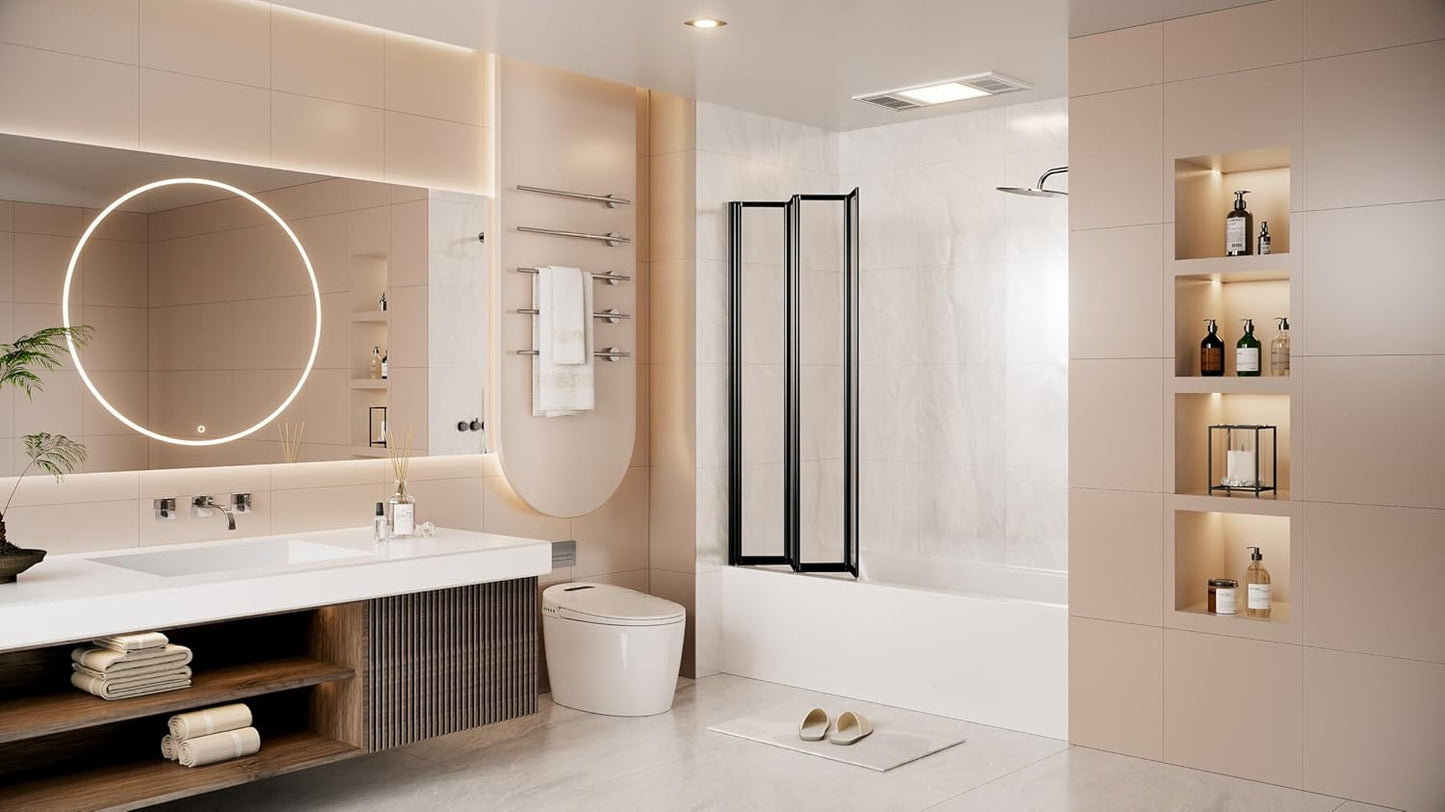 Folding Pivot Bathtub Shower Door with Linkage Hinge Fixtures, Bi Fold Framed Bath Screen Tub Door with Tempered Safety Glass,31 1/2 in. W x 55 in. H (Black)