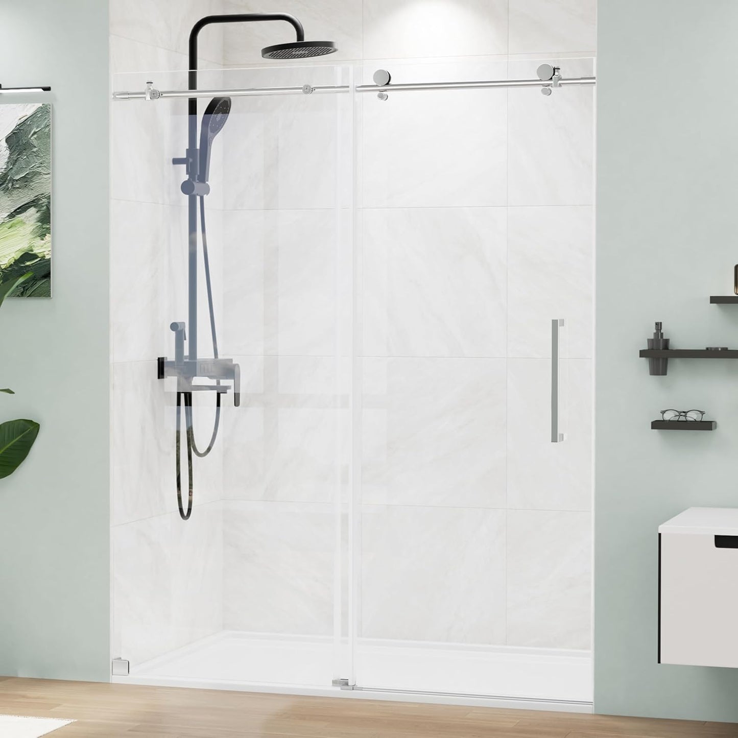 Frameless Tub Shower Door 56-59" W x 59" H, 5/16"(8mm) SGCC Clear Tempered Glass Bathtub Glass Door with Explosion-Proof Film, Tub Doors Can Be Installed Left Or Right, Stainless Steel, Silver