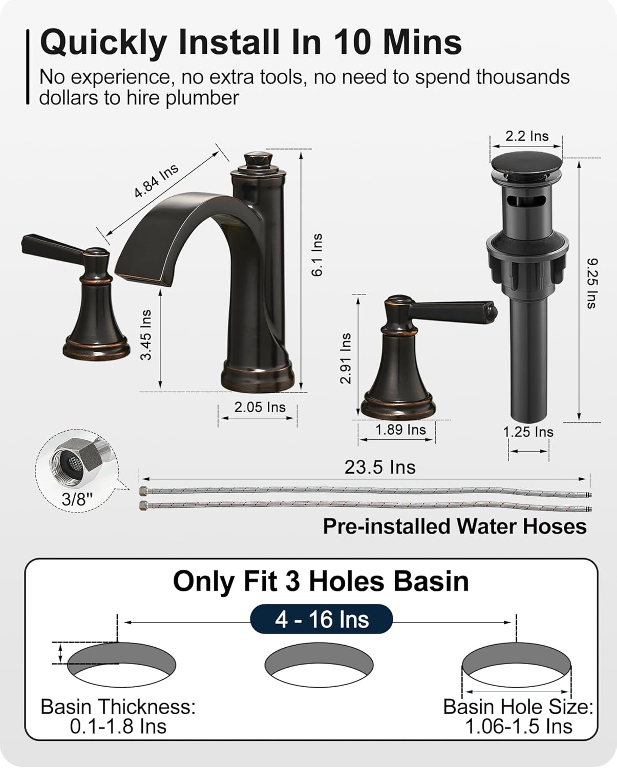 Waterfall Bathroom Faucet 3 Hole, 4-16 Inch Oil Rubbed Bronze Bathroom Faucet, Brass Bathroom Sink Faucet, 2 Handle Bathroom Faucets, Bathroom Vanity Faucet with Pop-Up Drain, Water Hoses