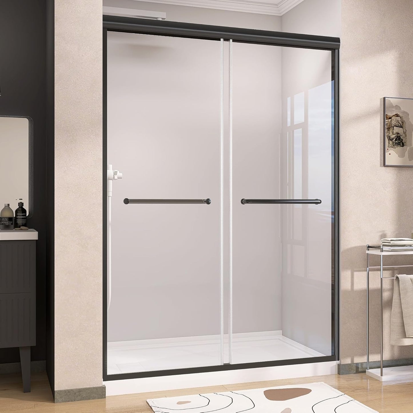 GETPRO Shower Door for Tub 56-60 in. W x 62 in. H Semi-Frameless Tub Door for Shower, Double Sliding Bypass Bath Tub Shower Glass Doors with 5/16 inch Tempered Glass Matte Black