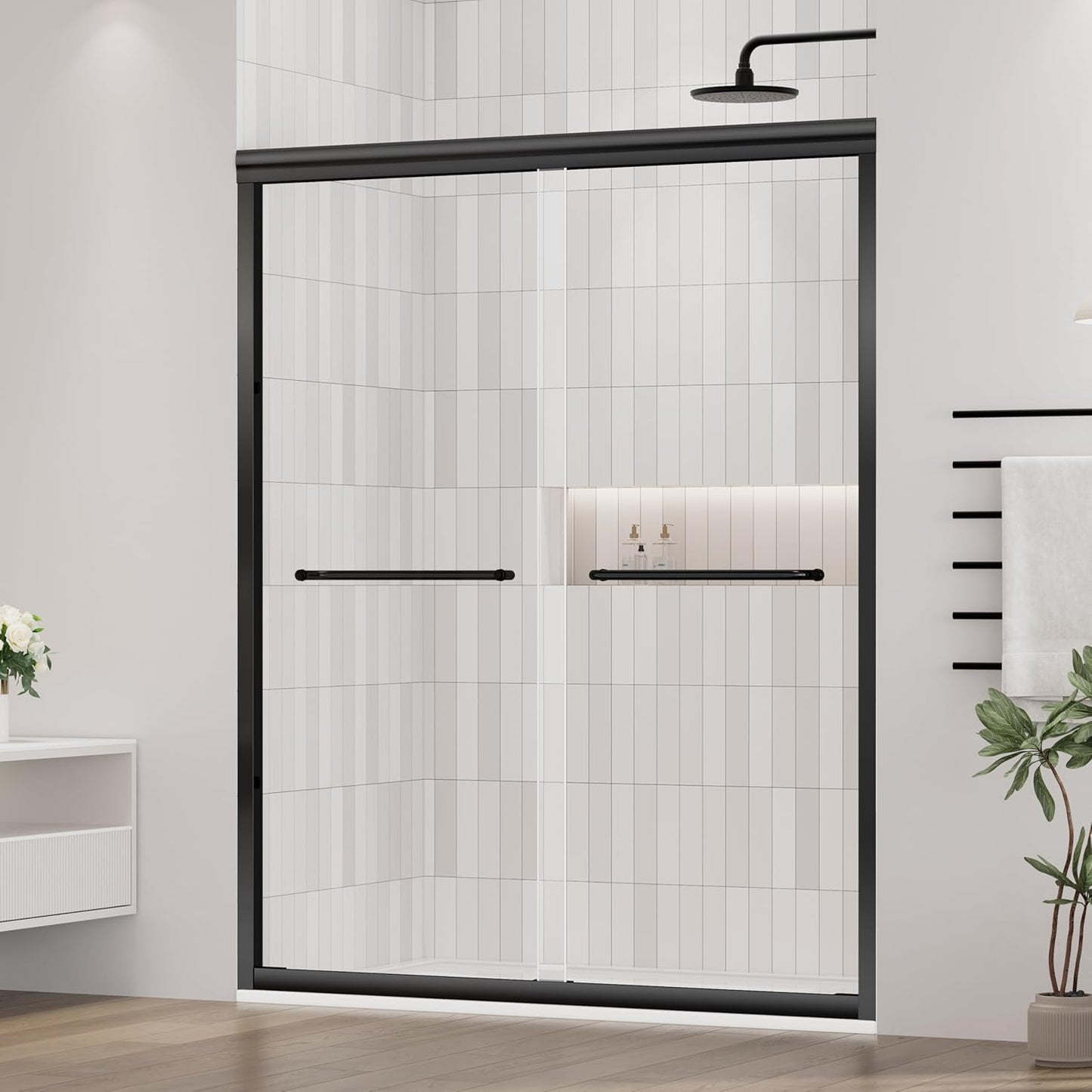 DELAVIN 56-60" W x 59" H Frameless Sliding Bathtub Door, Tub Shower Door, Bathtub Glass Door, Bathtub Shower Door, 5/16" (8mm) Certified Clear Tempered Glass, Stainless Steel Frame, Matte Black