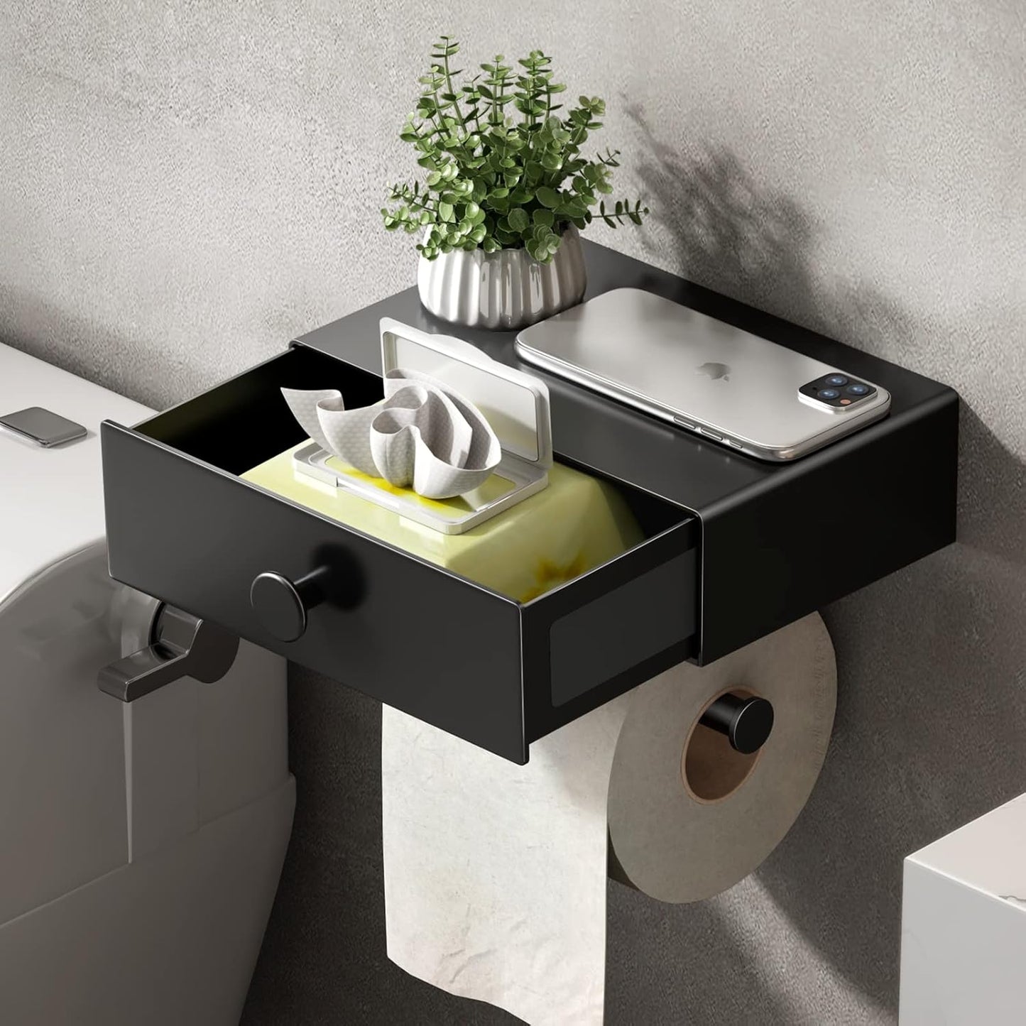 VOLDRA Toilet Paper Holder with Shelf Black Wipes Dispenser for Bathroom Stainless Steel Toilet Paper Holder with Storage Drawer Adhesive Wall Mount Small Bathroom Shelf