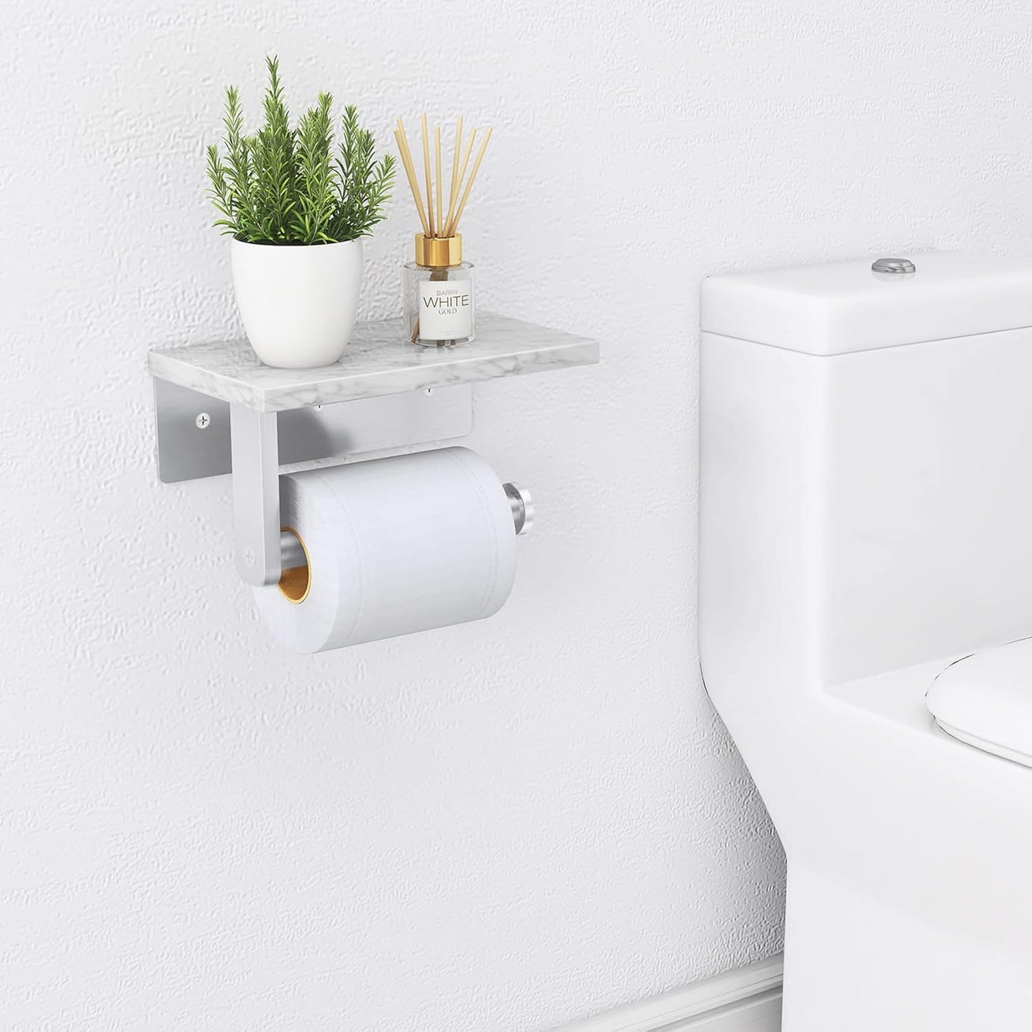 Brushed Nickel Toilet Paper Holder with Natural Marble Shelf, Screw Wall Mounted, Tissue Roll Holder for Bathroom Washroom