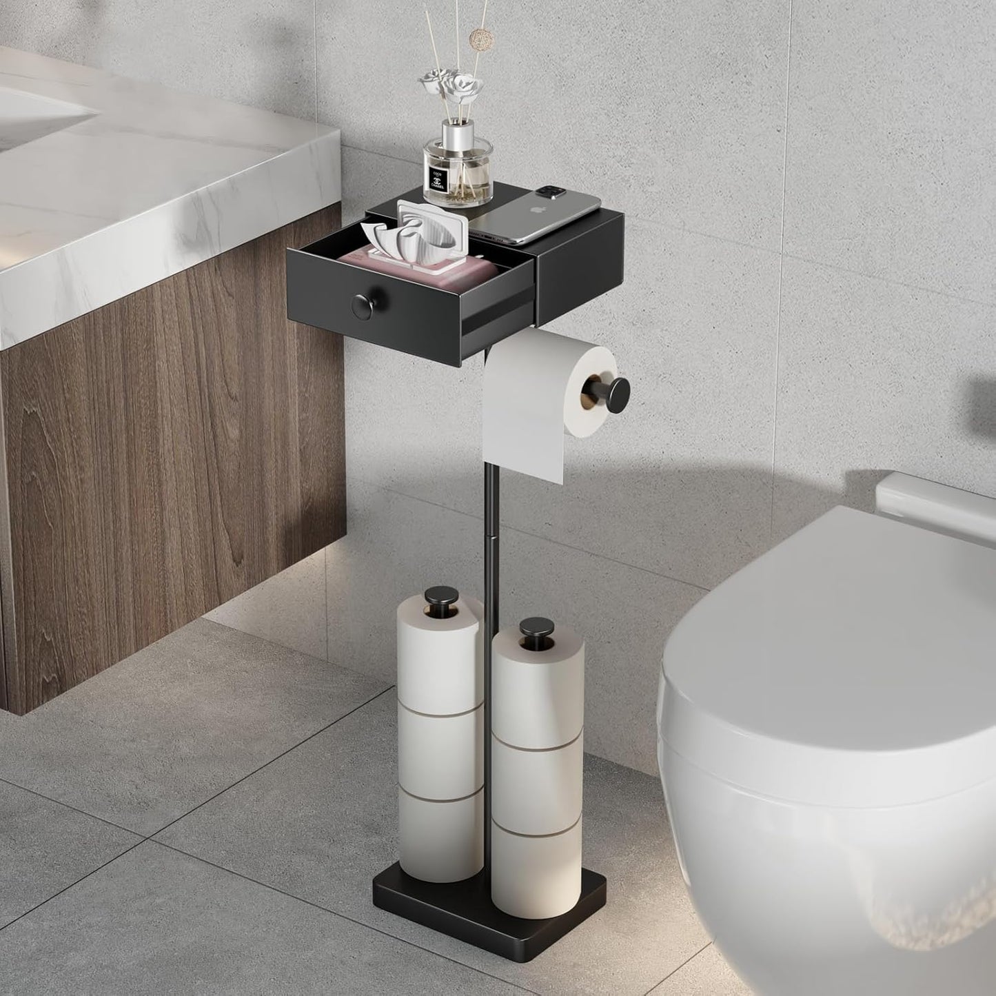 VOLDRA Toilet Paper Holder with Shelf Black Wipes Dispenser for Bathroom Stainless Steel Toilet Paper Holder with Storage Drawer Adhesive Wall Mount Small Bathroom Shelf