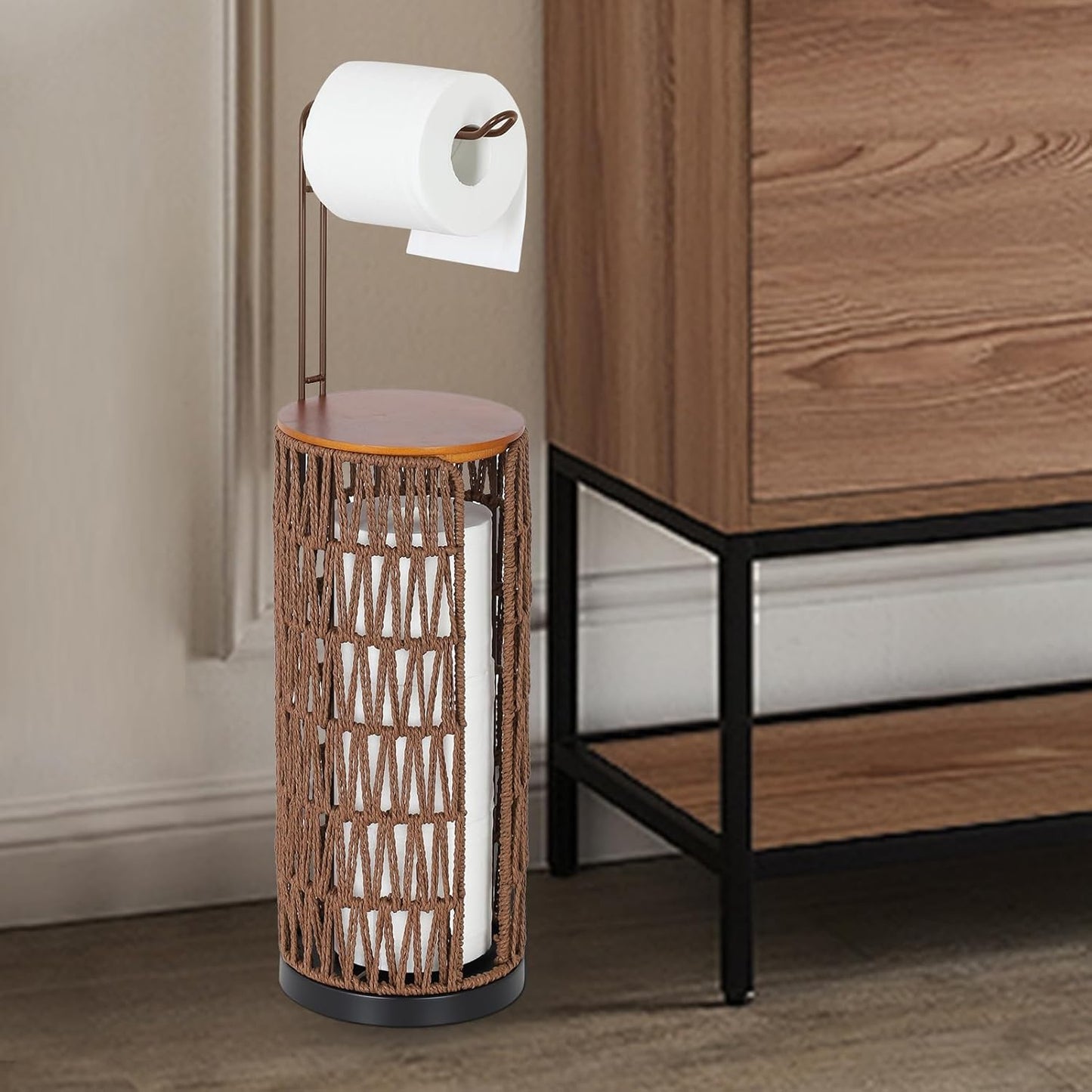 Freestanding Toilet Paper Holder with Storage,3 Rolls of Tissue Holder for Bathroom,Handmade Woven Toilet Paper Roll Holder Stand,Rattan Sturdy Boho Bathroom Decor Farmhouse Toilet Paper Storage