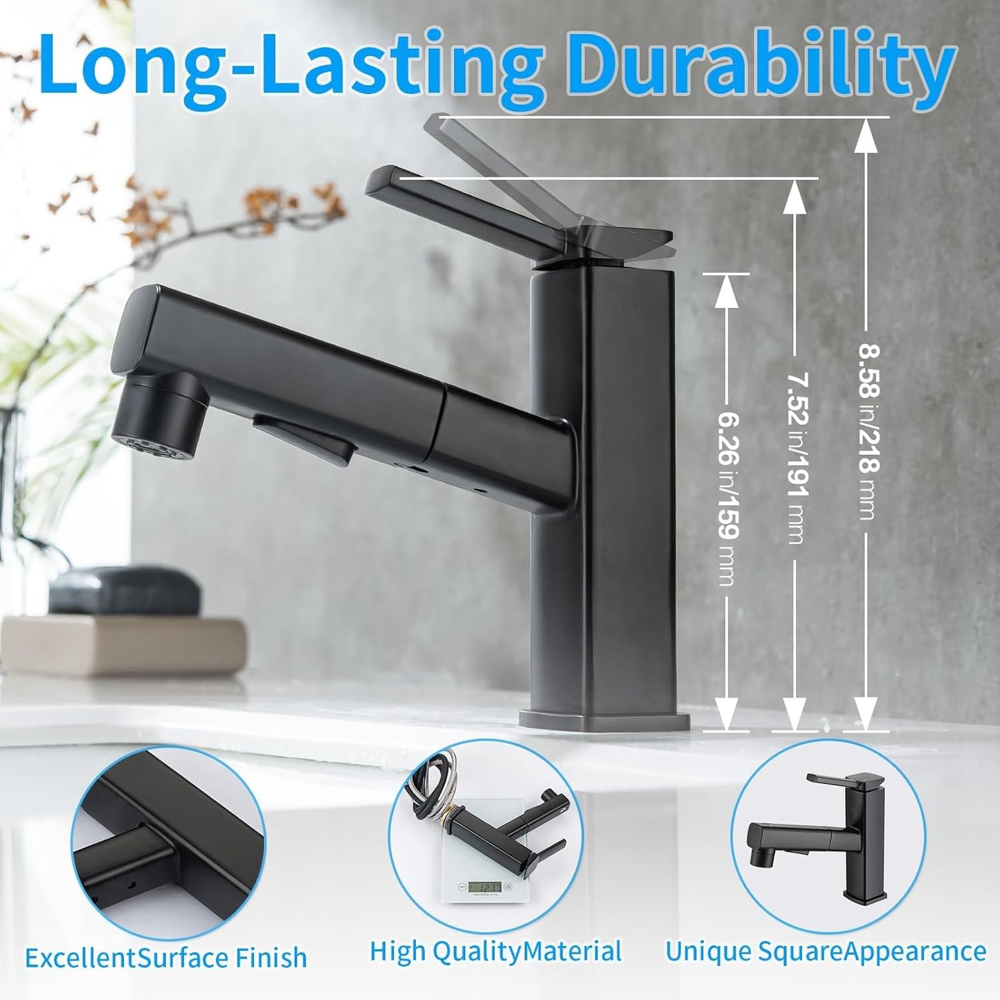 HANLIAN Single Hole Pull Out Faucet for Bathroom Sink, Black Sink Faucet Bathroom, One Handle Modern Restroom Tap with Pull Down Sprayer, 3 Modes Washroom Pull Out Tap with Rotating Spout