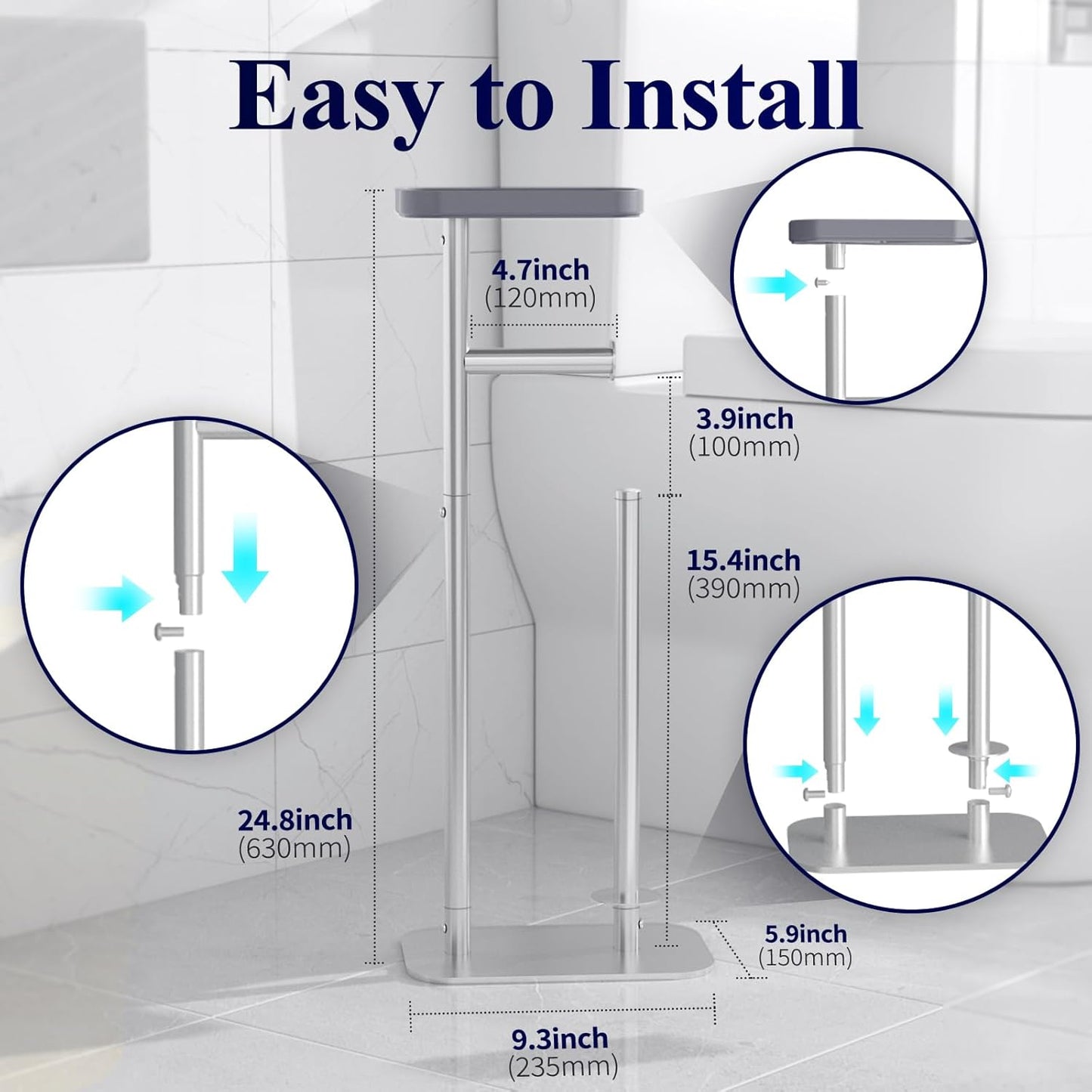 Kitsure Toilet Paper Holder Free Standing – Rustproof Metal Toilet Paper Stand for 4 Rolls with Anti-Slip Base and Shelf for Phone & Small Items, Bathroom Organizers and Storage, Large, Silver