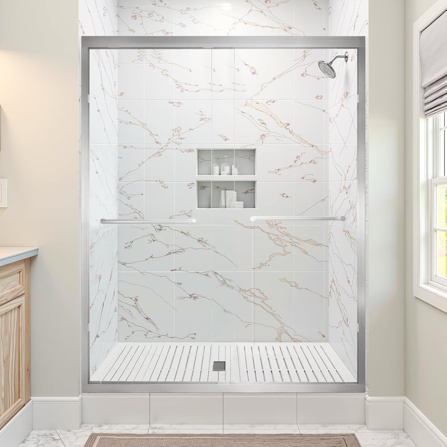 Bathtub Shower Door Double Sliding 56-60" W x 58" H, Semi-Frameless Glass Shower Door Bypass, Bathtub Sliding Glass Door with 1/4" (6mm) SGCC Certified Tempered Glass, Brushed Nickel