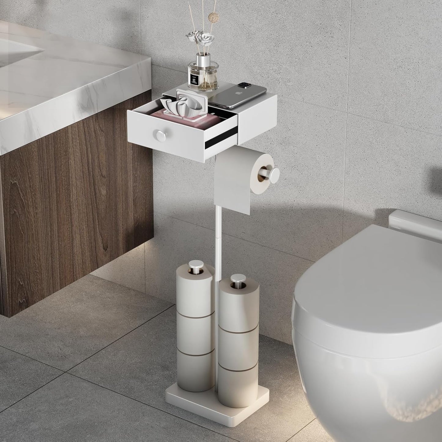 VOLDRA Toilet Paper Holder with Shelf Black Wipes Dispenser for Bathroom Stainless Steel Toilet Paper Holder with Storage Drawer Adhesive Wall Mount Small Bathroom Shelf
