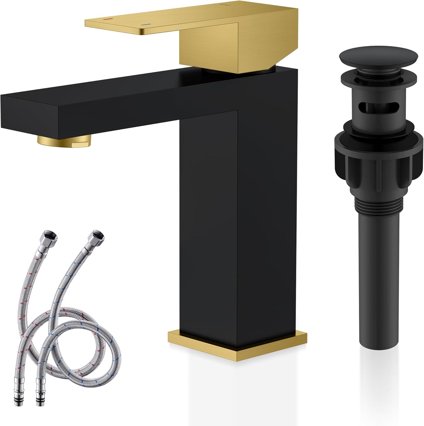 KENES Matte Black Single Handle Bathroom Sink Faucet, Stainless Steel Vanity Faucet for Bathroom Sink, with Pop Up Drain Stopper & Water Supply Hoses LJ-9031-2