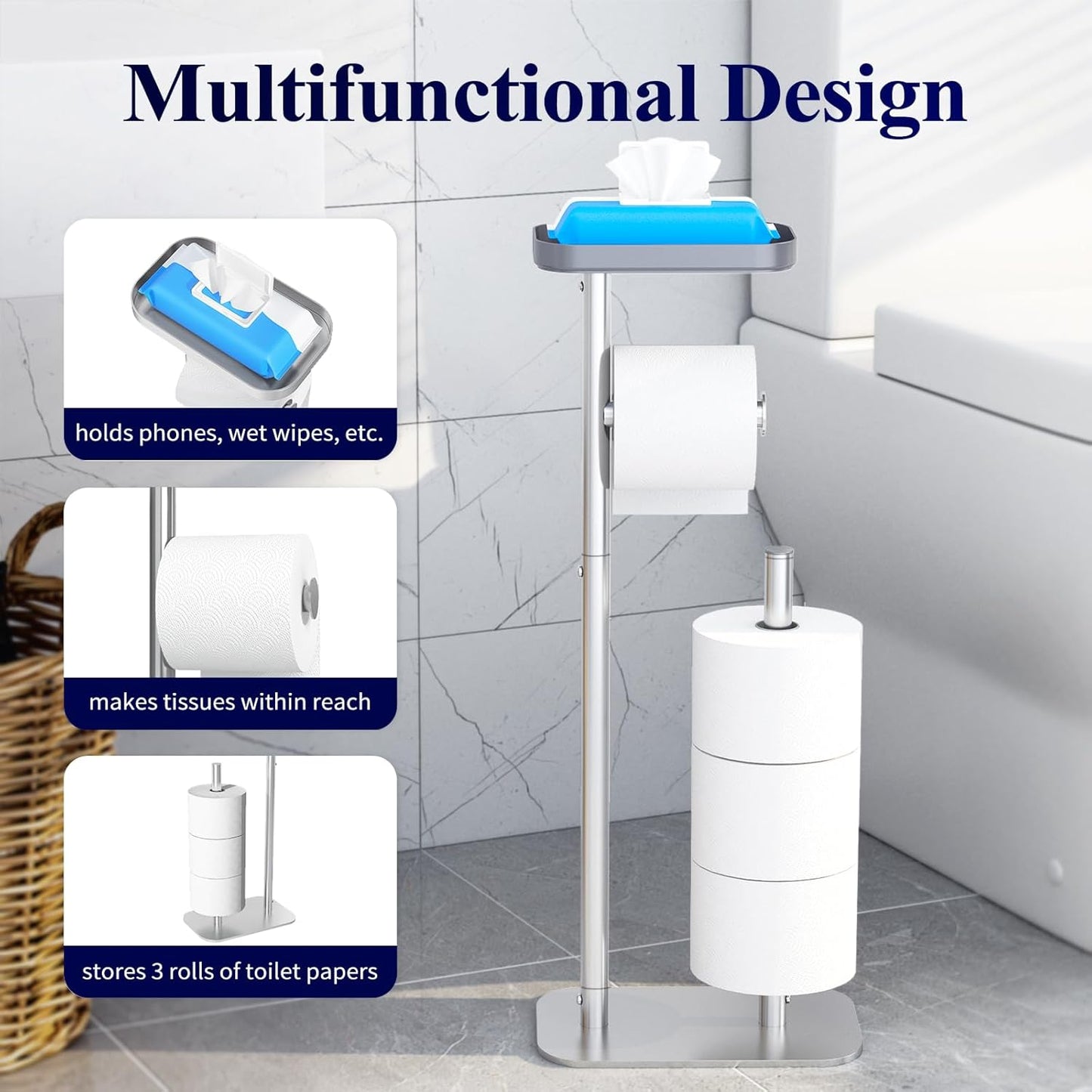 Kitsure Toilet Paper Holder Free Standing – Rustproof Metal Toilet Paper Stand for 4 Rolls with Anti-Slip Base and Shelf for Phone & Small Items, Bathroom Organizers and Storage, Large, Silver