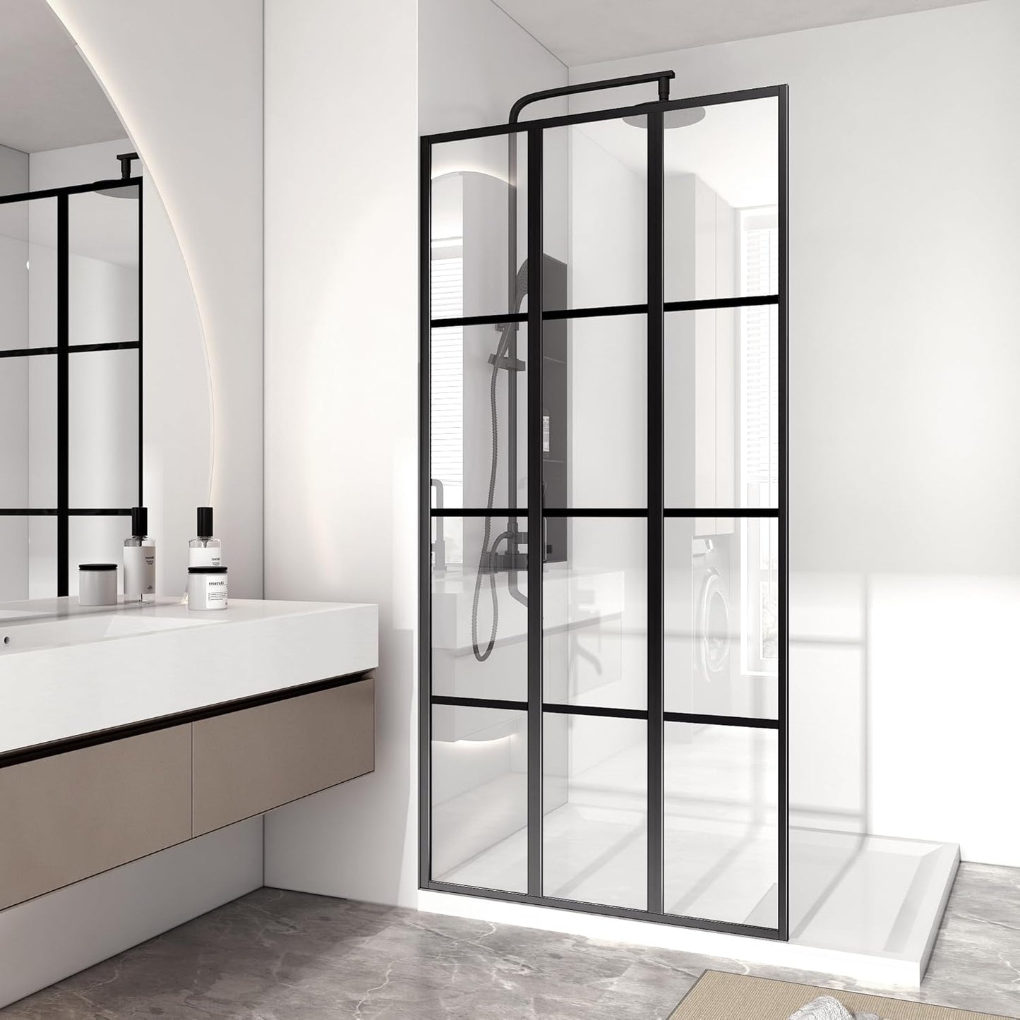 Foldable Tub Shower Door, 47" W x 55" H Frameless Hinged Shower Screen for Bathtub, 1/5" Tempered Glass Door for Shower, 180° Pivot Swing Tri-fold Glass Panel for Bathtub, Matte Black