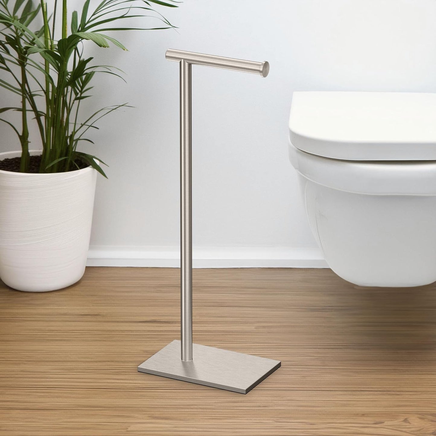 Gatco 1431SN, Modern Rectangle Base Freestanding Toilet Paper Holder, 22.25”, Satin Nickel/Free Standing Toilet Tissue Holder Stand with Weighted Base