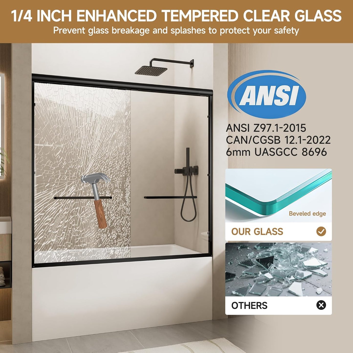 Sliding Bathtub Shower Door, 56-60" W x 57" H Glass Shower Door, Matte Black Aluminum Frame with Stainless Steel Towel Bar