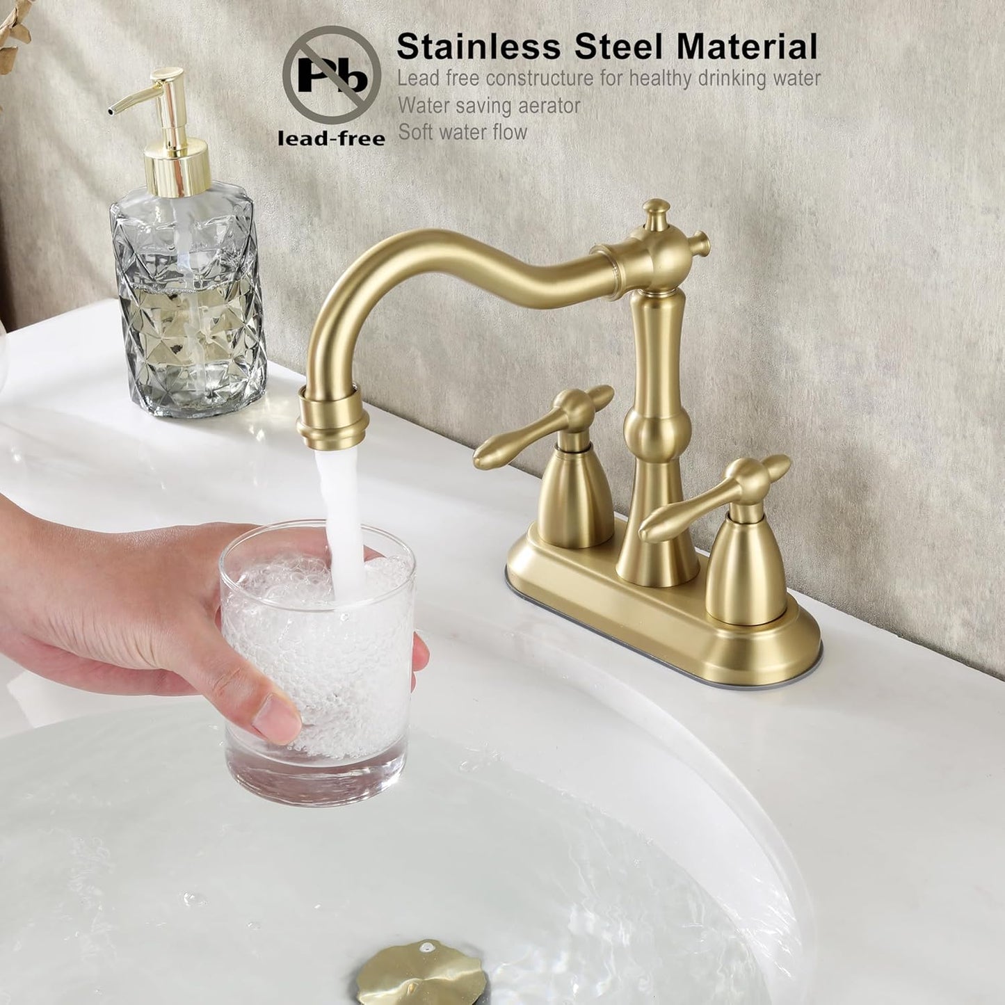 Brushed Gold Bathroom Faucet, Stainless Steel 4 inch Centerset Bathroom Faucet with Drain and Supply Hose, 2 Hole Gold Faucet for Bathroom Sink