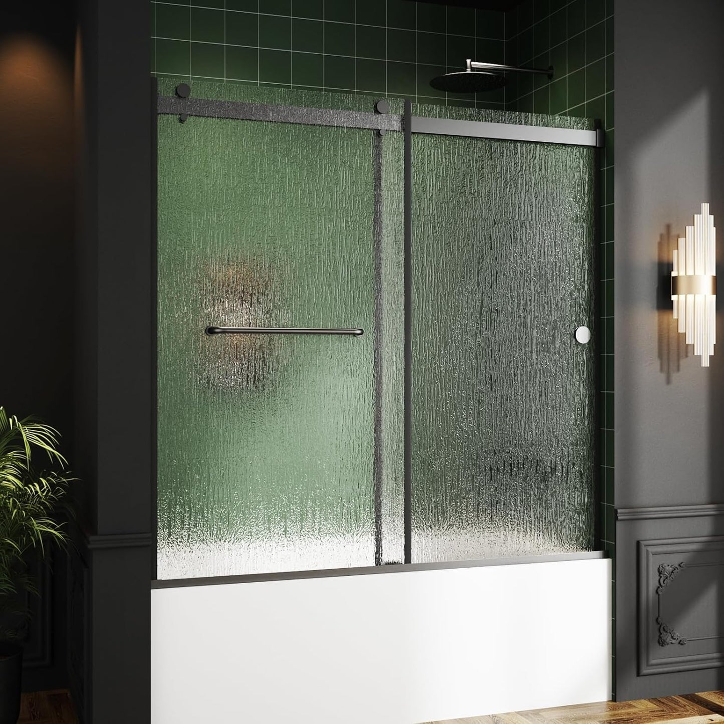 Bathtub Sliding Door, 55"-60" W x 56" H Tub Shower Door, Bathtub Door, Bathtub Glass Door Bathtub Double Sliding Shower Door 5/16" Tempered Glass Explosion-Proof Film Stainless Steel Black