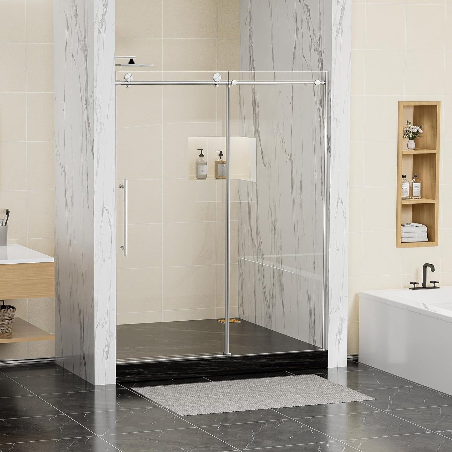 Frameless Bathtub Shower Doors 56-60" Width x 59" Height with 5/16" (8mm) Clear Tempered Glass,Silent Soft-Close Design,Brushed Nickel