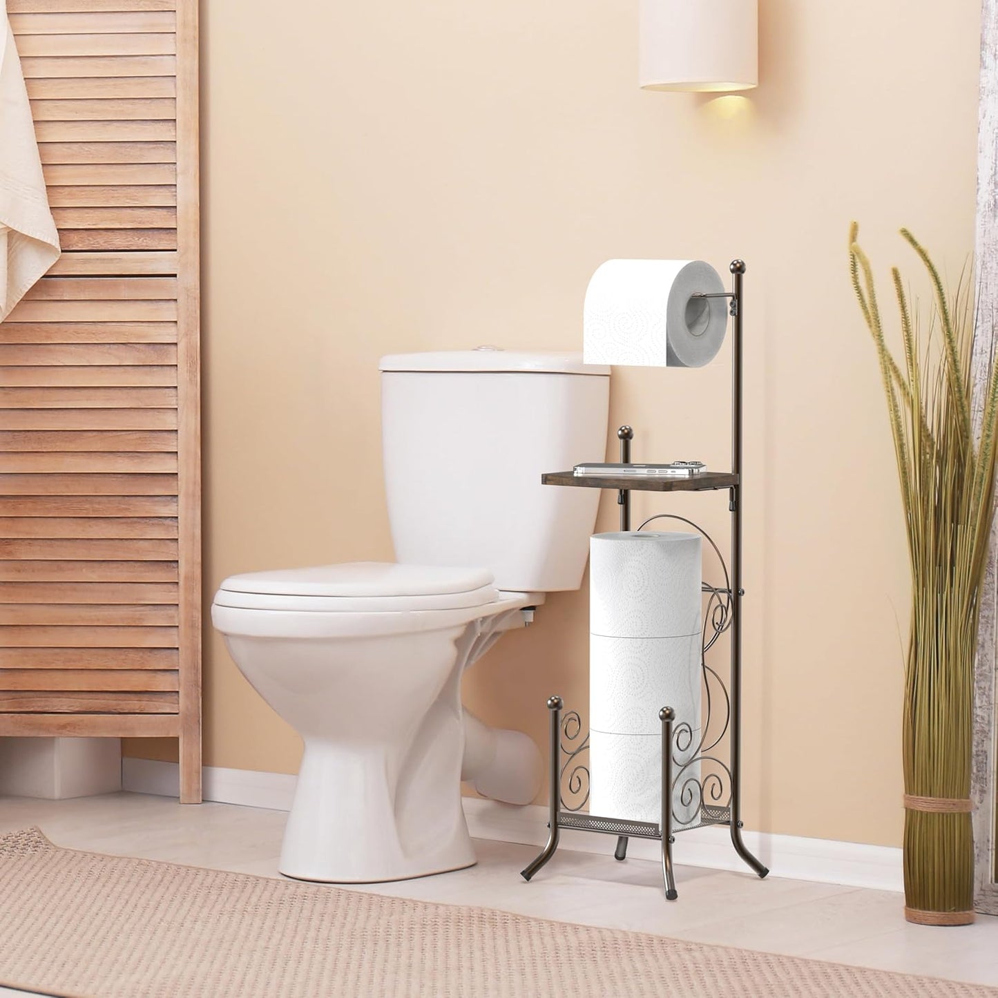 Simple Houseware English Style Bathroom Toilet Tissue Roll Holder Stand with Shelf, Bronze
