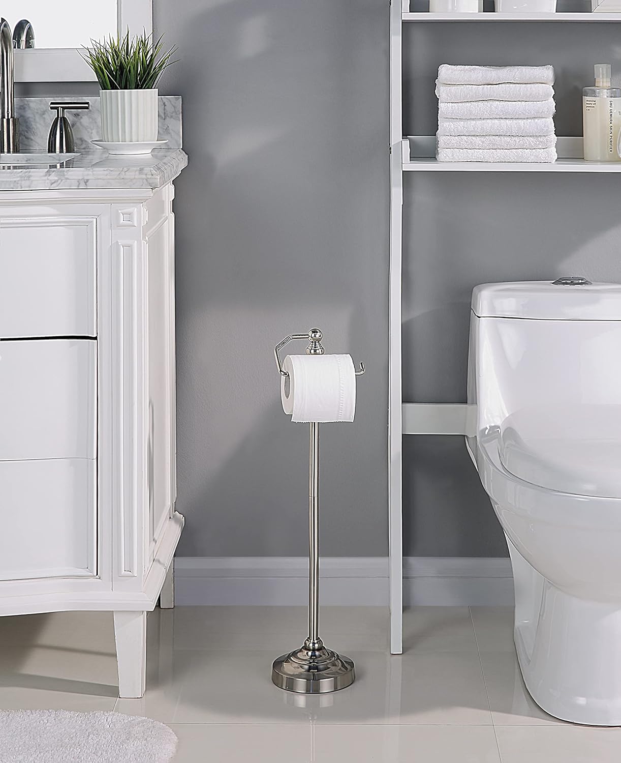 SunnyPoint Deluxe Free Standing Heavy Weighted Toilet Tissue Paper Roll Holder Stand (Brushed Nickel)