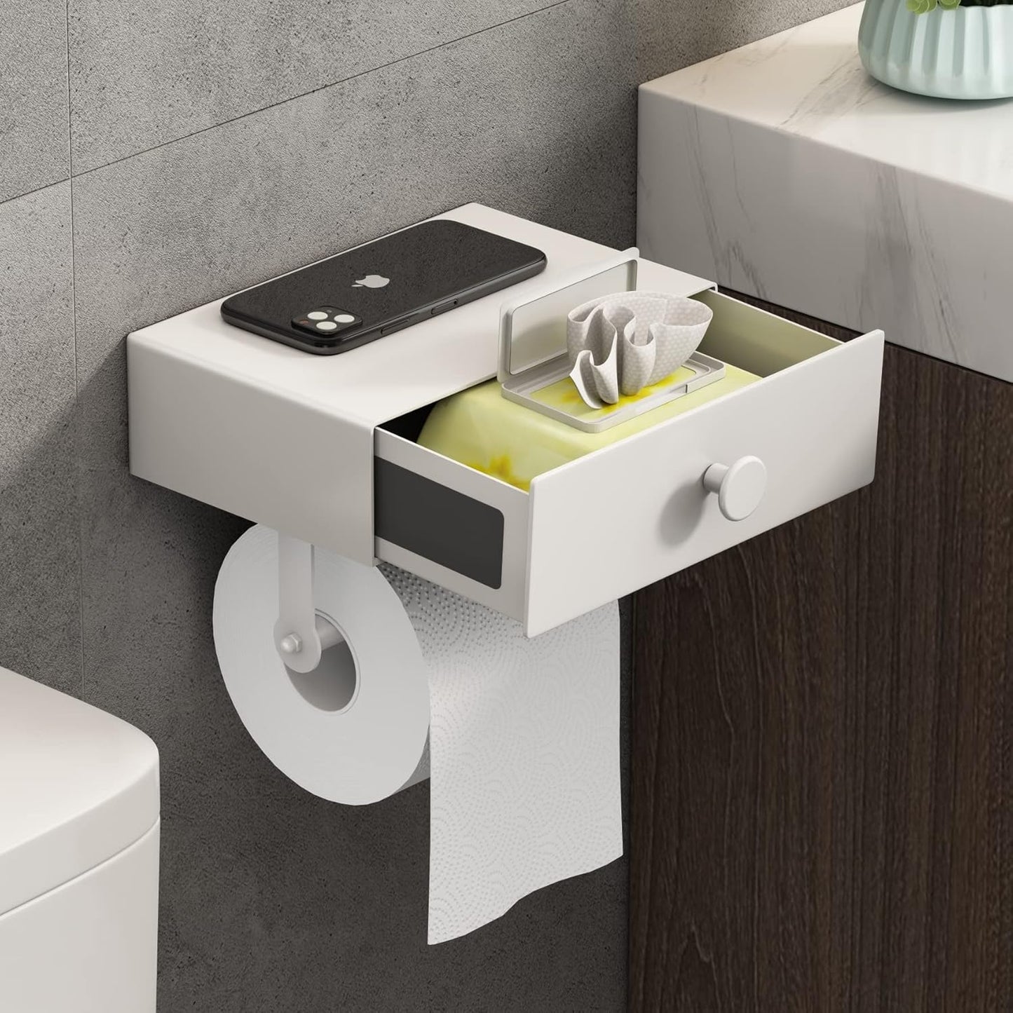 VOLDRA Toilet Paper Holder with Shelf Black Wipes Dispenser for Bathroom Stainless Steel Toilet Paper Holder with Storage Drawer Adhesive Wall Mount Small Bathroom Shelf