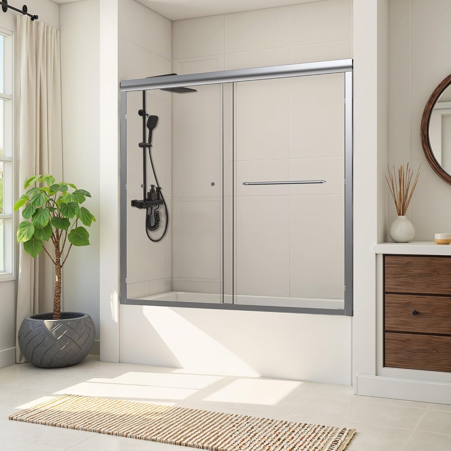 Shower Door Bathtub Sliding 56-60" W x 58" H, Shower Doors for Walk in Shower, Water Repellent Bathroom Shower Glass Bathtub Door, ABS Anti-Collision Rubber, Matte Black (1/4")