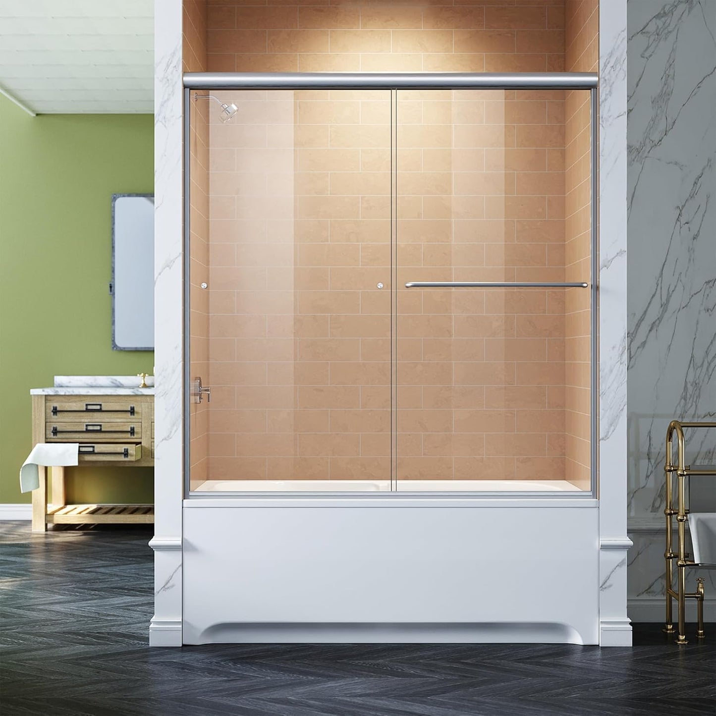 SUNNY SHOWER Bathtub Shower Door Glass Sliding Tub Door Semi-Frameless 1/4" Clear Glass Shower Enclosure Doors for Bathroom, Black Finish 58.5-60 in.W x 62 in.H