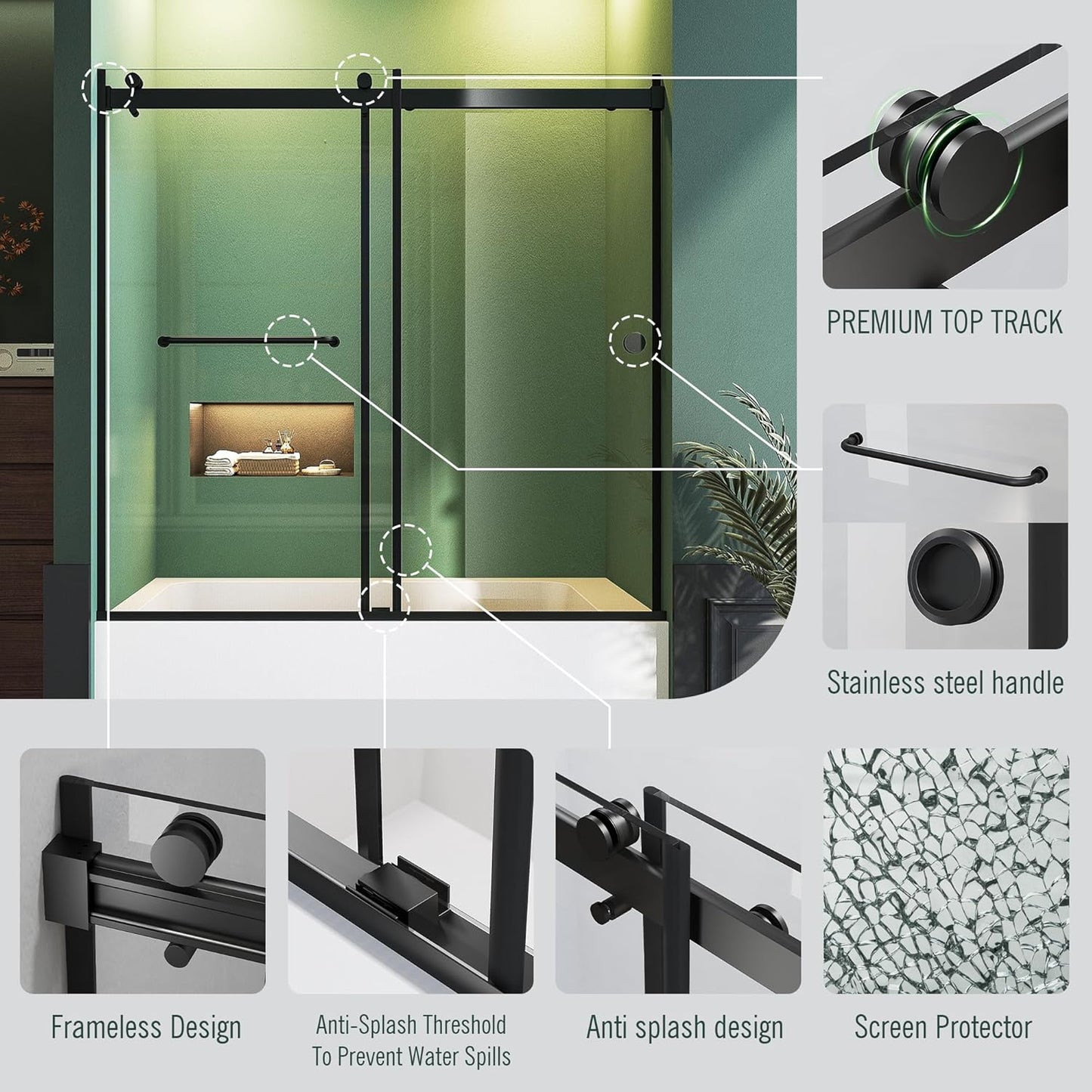 Bathtub Sliding Door, 55"-60" W x 56" H Tub Shower Door, Bathtub Door, Bathtub Glass Door Bathtub Double Sliding Shower Door 5/16" Tempered Glass Explosion-Proof Film Stainless Steel Black