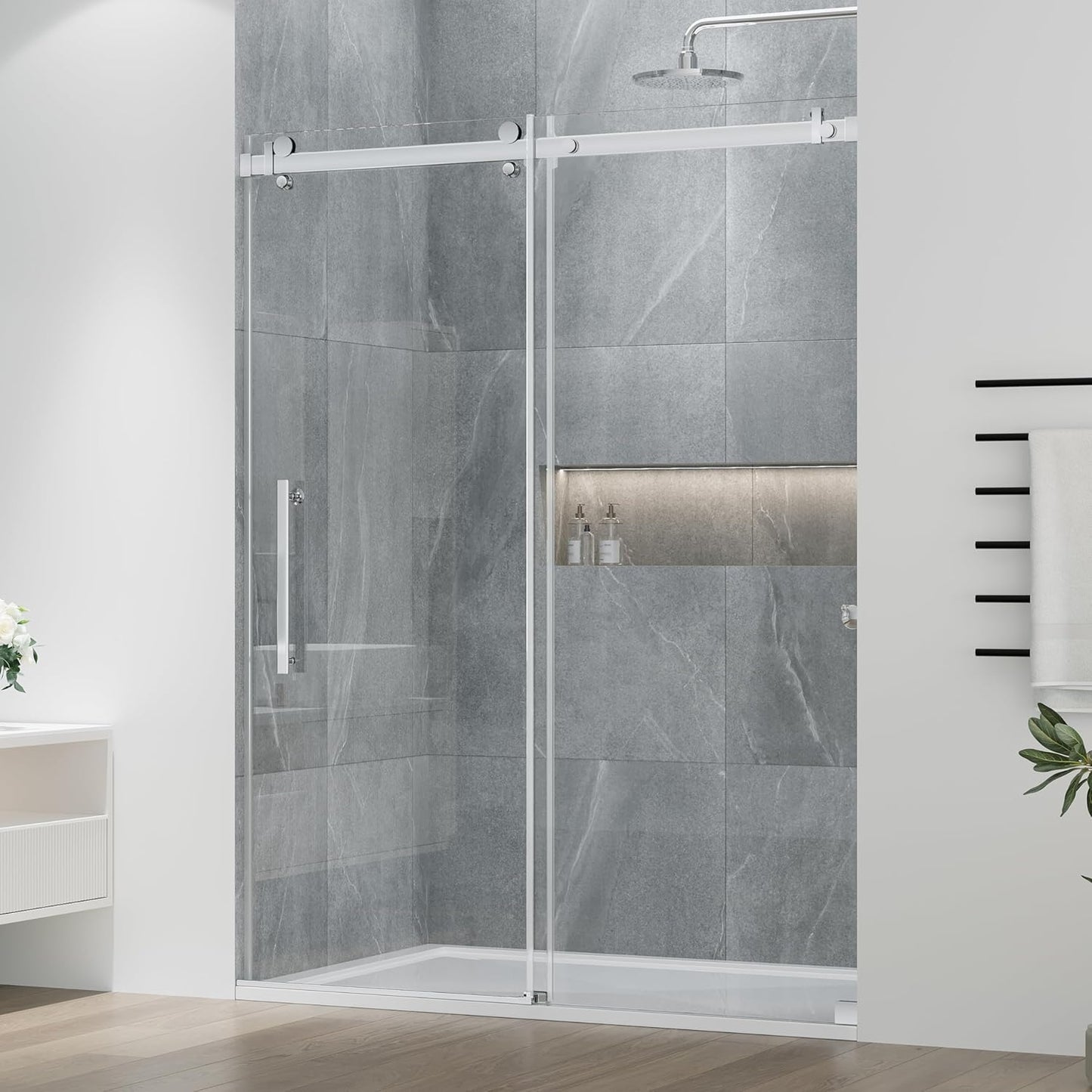 DELAVIN 56-59 in.W x 59 in.H Frameless Bathtub Door, Stainless Steel Tub Shower Door, Bathtub Shower Door with 5/16" (8mm) SGCC Certified Clear Tempered Glass, Black Shower Doors