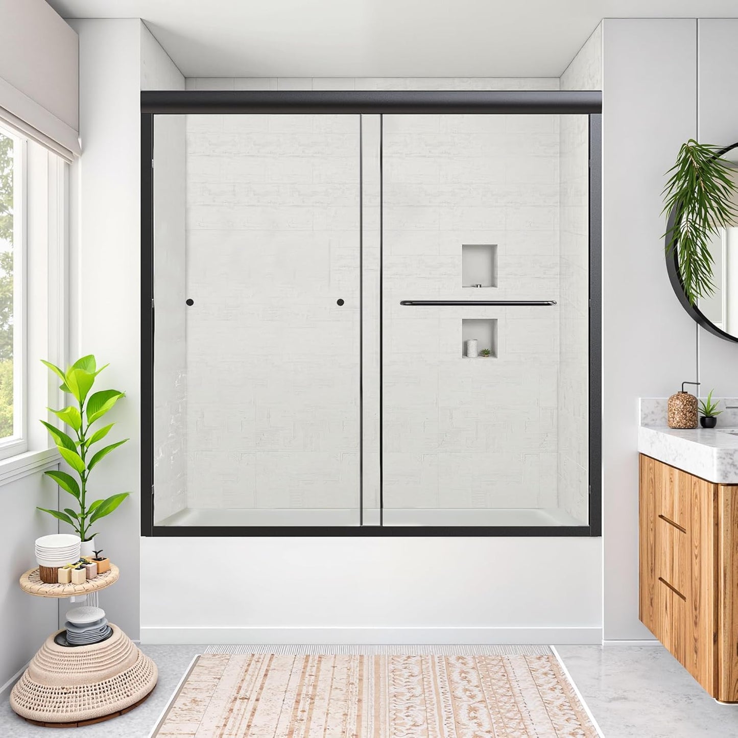 Bathtub Shower Door Double Sliding 56-60" W x 58" H, Semi-Frameless Glass Shower Door Bypass, Bathtub Sliding Glass Door with 1/4" (6mm) SGCC Certified Tempered Glass, Brushed Nickel