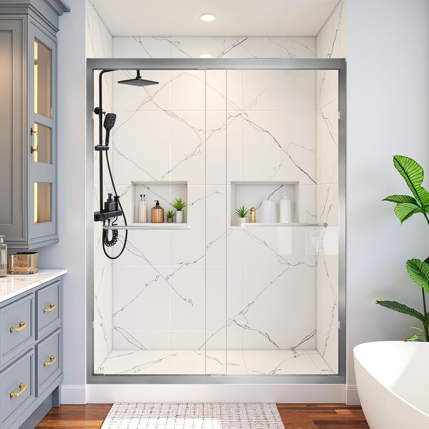 Shower Door Bathtub Sliding 56-60" W x 58" H, Shower Doors for Walk in Shower, Water Repellent Bathroom Shower Glass Bathtub Door, ABS Anti-Collision Rubber, Matte Black (1/4")