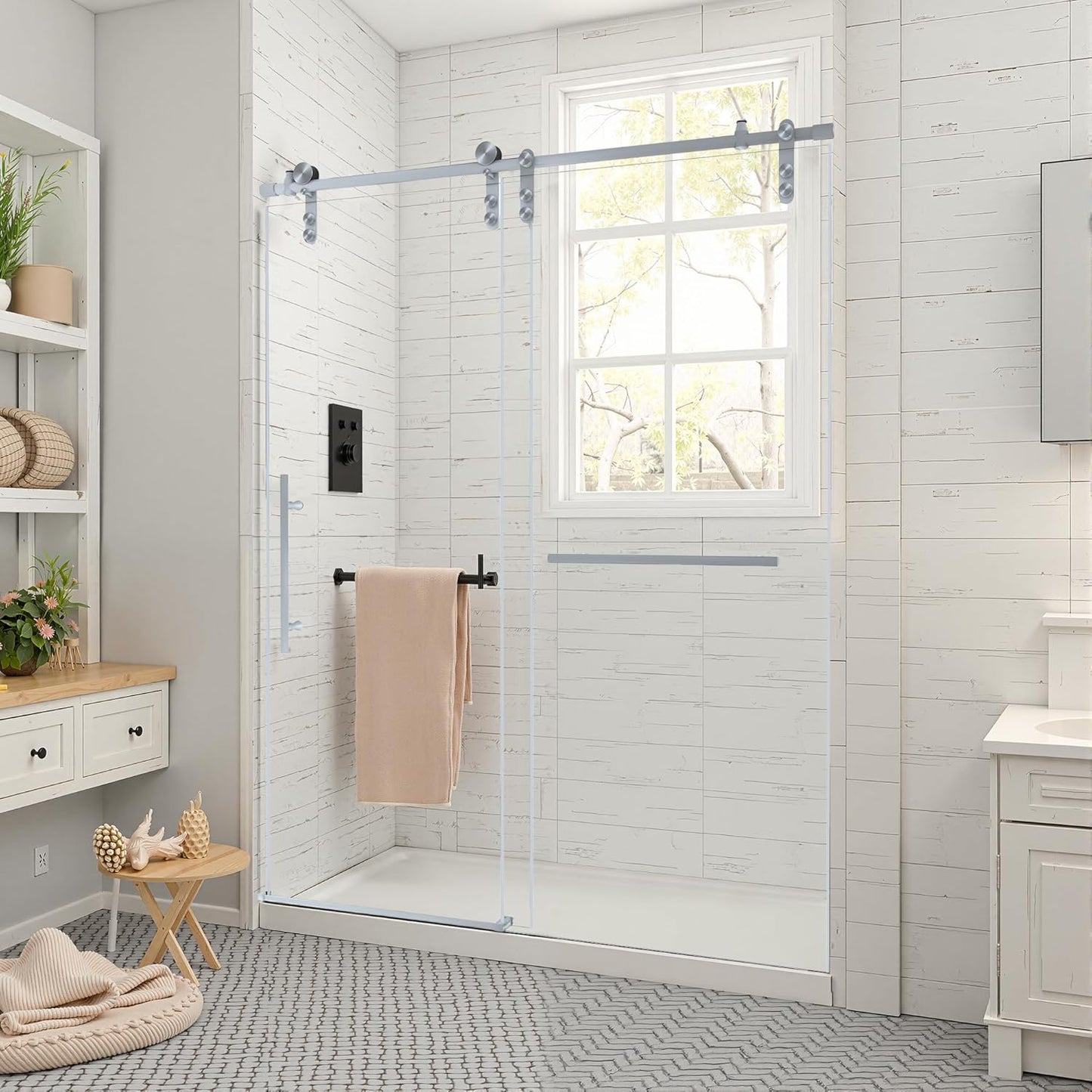 Shower Door Bathtub Sliding 56-60" W x 58" H, Shower Doors for Walk in Shower, Water Repellent Bathroom Shower Glass Bathtub Door, ABS Anti-Collision Rubber, Matte Black (1/4")