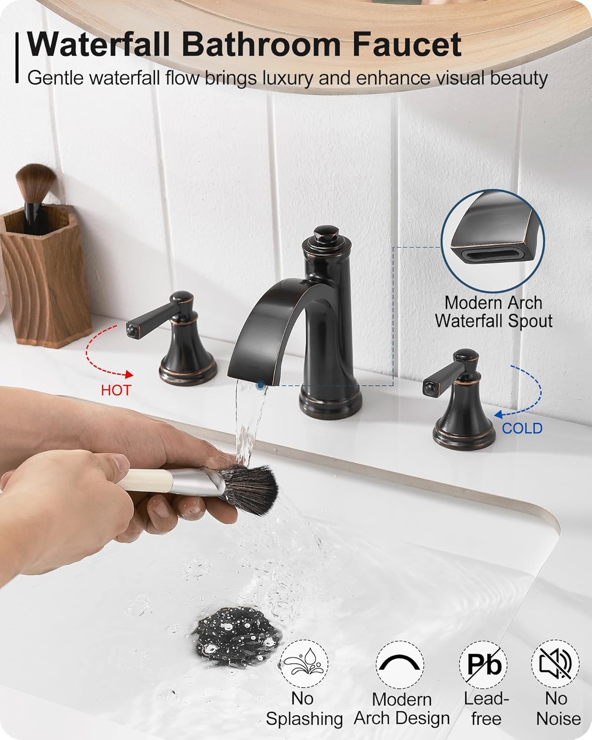 Waterfall Bathroom Faucet 3 Hole, 4-16 Inch Oil Rubbed Bronze Bathroom Faucet, Brass Bathroom Sink Faucet, 2 Handle Bathroom Faucets, Bathroom Vanity Faucet with Pop-Up Drain, Water Hoses