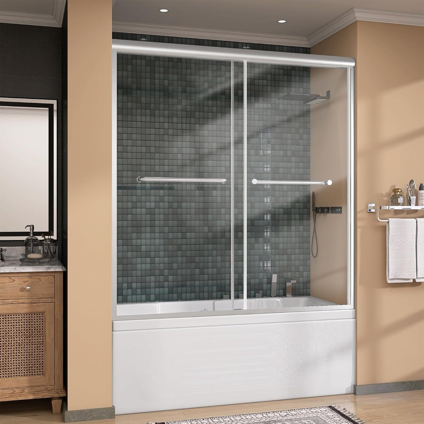 GETPRO Shower Door for Tub 56-60 in. W x 62 in. H Semi-Frameless Tub Door for Shower, Double Sliding Bypass Bath Tub Shower Glass Doors with 5/16 inch Tempered Glass Matte Black