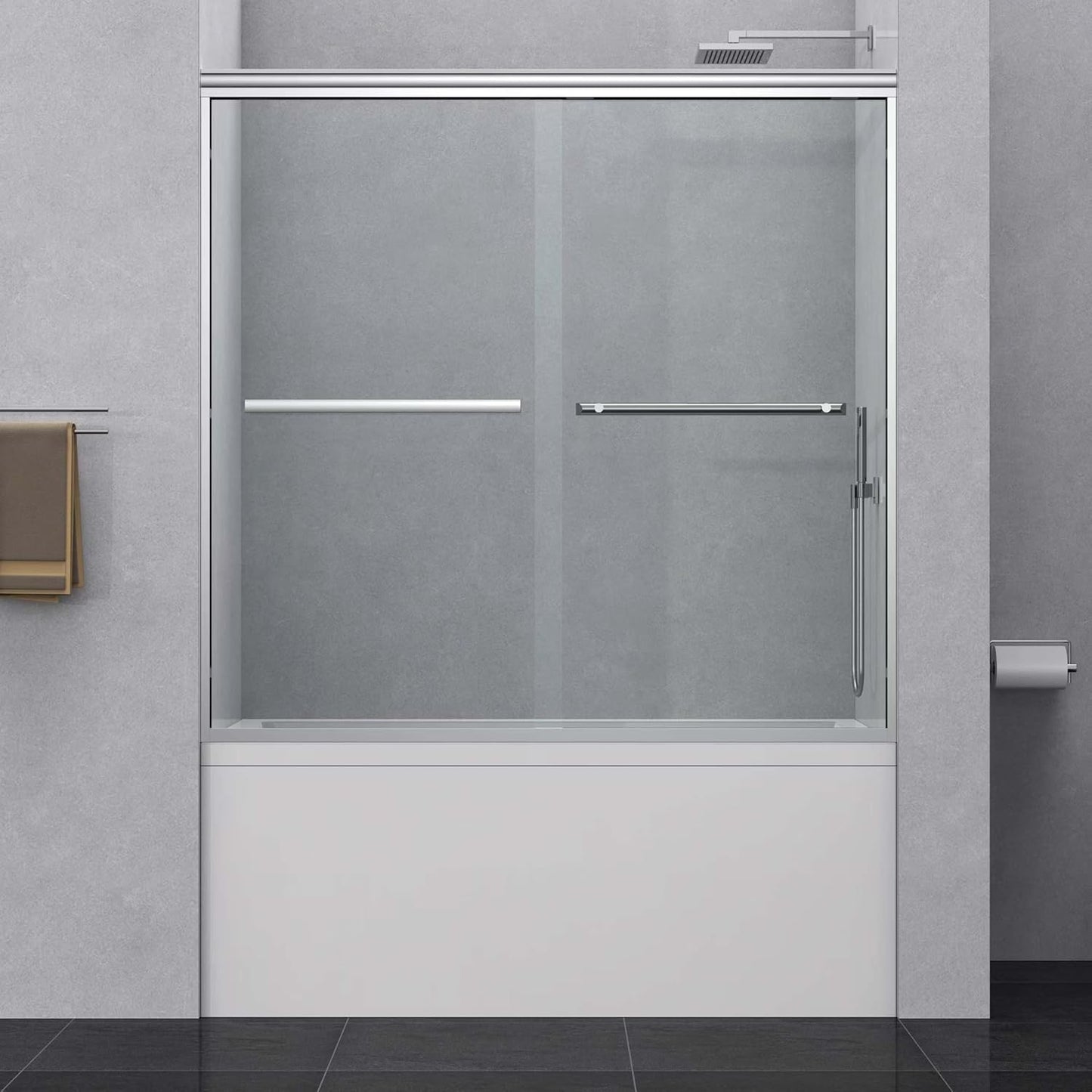 60" W x 58" H Semi-Frameless Bypass Sliding Bathtub Shower Door, Easy-to-Clean Treated Clear Tempered Glass, Matte Black