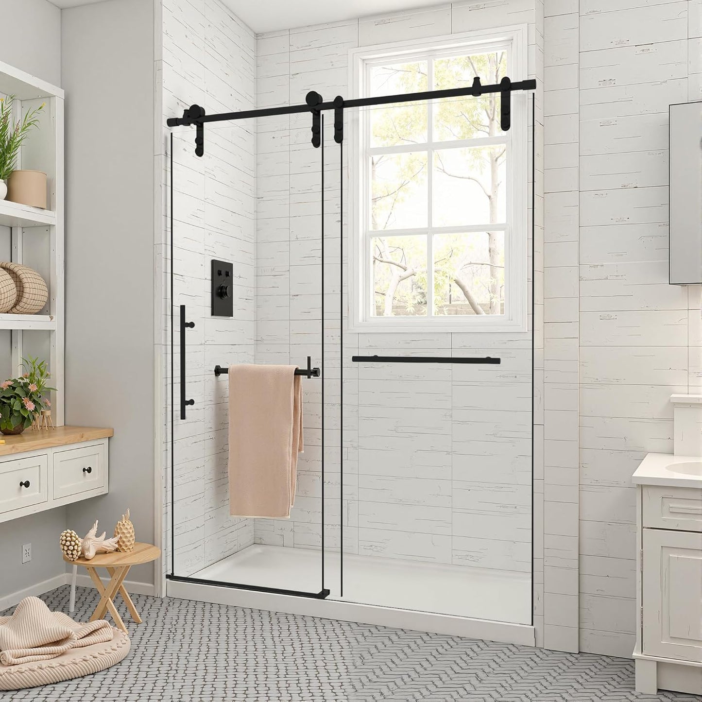 Shower Door Bathtub Sliding 56-60" W x 58" H, Shower Doors for Walk in Shower, Water Repellent Bathroom Shower Glass Bathtub Door, ABS Anti-Collision Rubber, Matte Black (1/4")