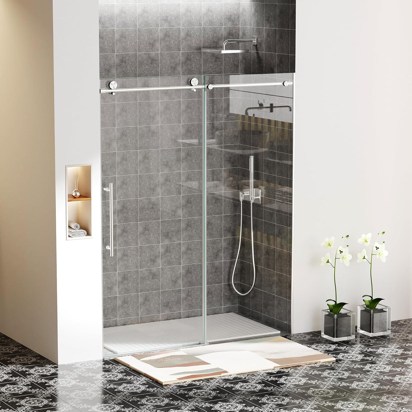 Frameless Bathtub Shower Doors 56-60" Width x 59" Height with 5/16" (8mm) Clear Tempered Glass,Silent Soft-Close Design,Brushed Nickel