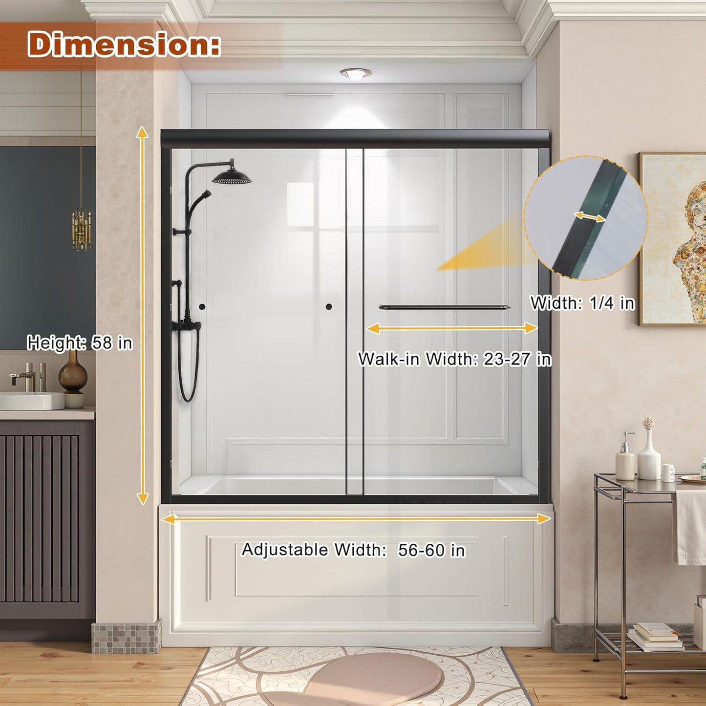 Shower Door Bathtub Sliding 56-60" W x 58" H, Shower Doors for Walk in Shower, Water Repellent Bathroom Shower Glass Bathtub Door, ABS Anti-Collision Rubber, Matte Black (1/4")