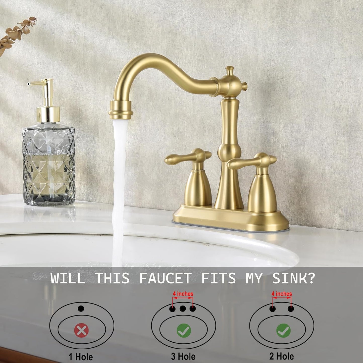 Brushed Gold Bathroom Faucet, Stainless Steel 4 inch Centerset Bathroom Faucet with Drain and Supply Hose, 2 Hole Gold Faucet for Bathroom Sink