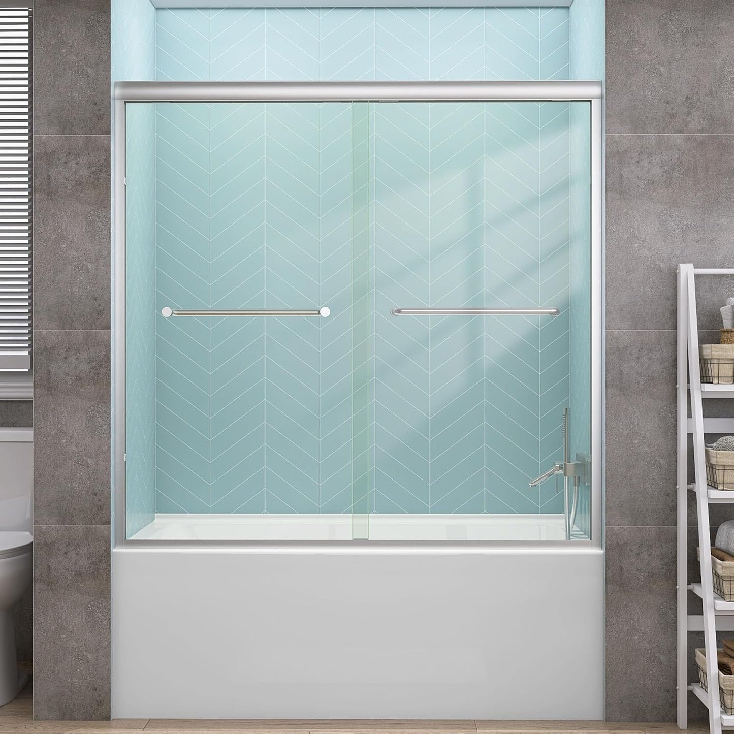 GETPRO Tub Shower Door Sliding 57-60 in. W x 58 in. H Semi-Frameless Bypass Double Sliding Bathroom Glass Tub Door,1/4 inch Clear Tempered Glass Bathtub Door Matte Black