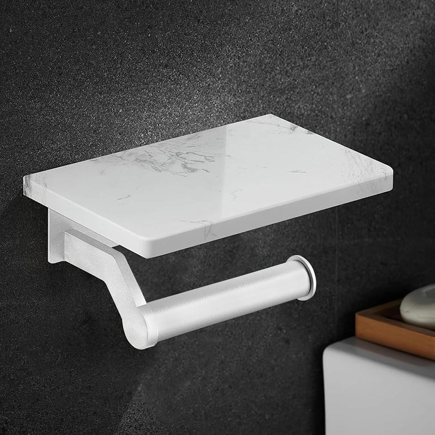 Hoimpro Brushed Gold Aluminum Toilet Paper Holder with White Natural Marble Shelf, Wall Mounted Tissue Hand Paper Roll Storage Holder for Bathroom Kitchen Washroom Bedroom