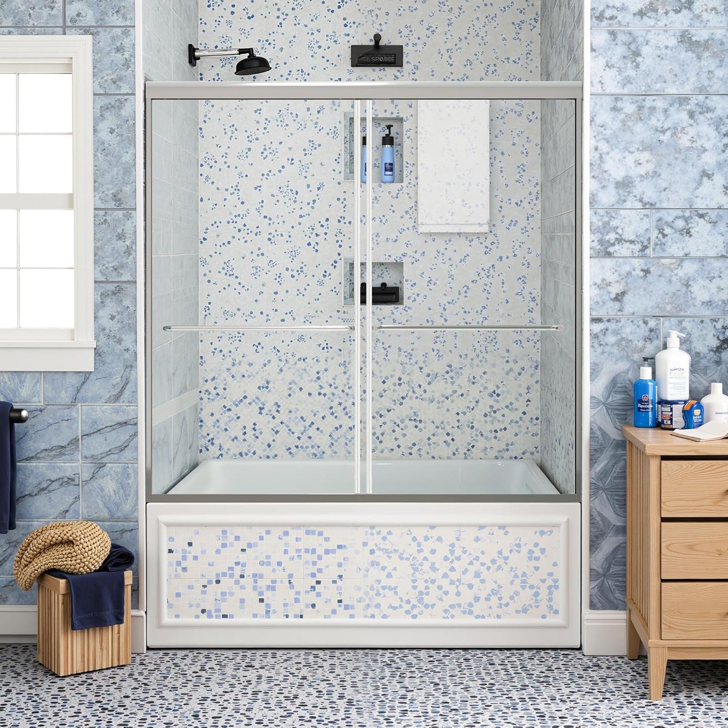 Shower Door Bathtub Sliding 56-60" W x 58" H, Shower Doors for Walk in Shower, Water Repellent Bathroom Shower Glass Bathtub Door, ABS Anti-Collision Rubber, Matte Black (1/4")