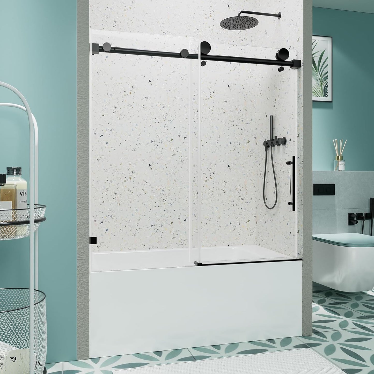 Sliding Bathtub Shower Door, 56-60" W x 57" H Glass Shower Door, Matte Black Aluminum Frame with Stainless Steel Towel Bar