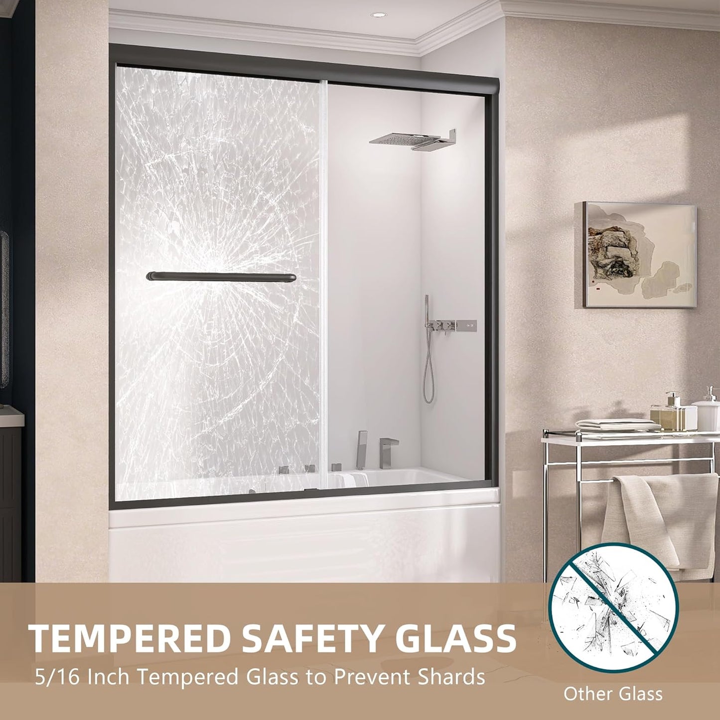 GETPRO Shower Door for Tub 56-60 in. W x 62 in. H Semi-Frameless Tub Door for Shower, Double Sliding Bypass Bath Tub Shower Glass Doors with 5/16 inch Tempered Glass Matte Black